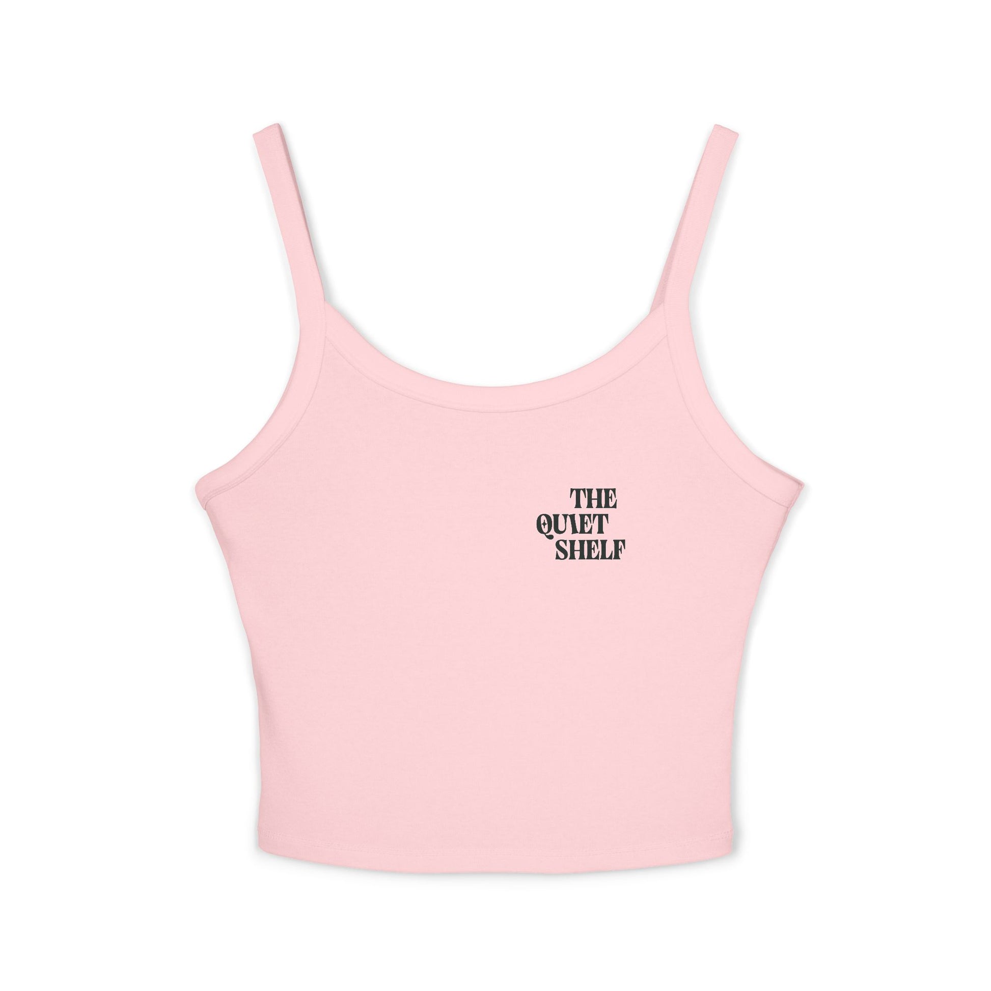 A pink spaghetti strap crop tank top with 'THE QUIET SHELF' text on the chest area.