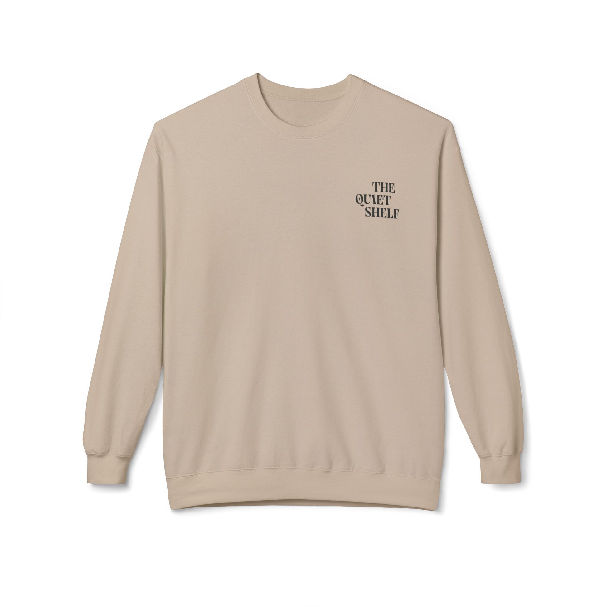 A beige crewneck sweatshirt with 'THE QUIET SHELF' written in a small, bold font on the upper left front side.