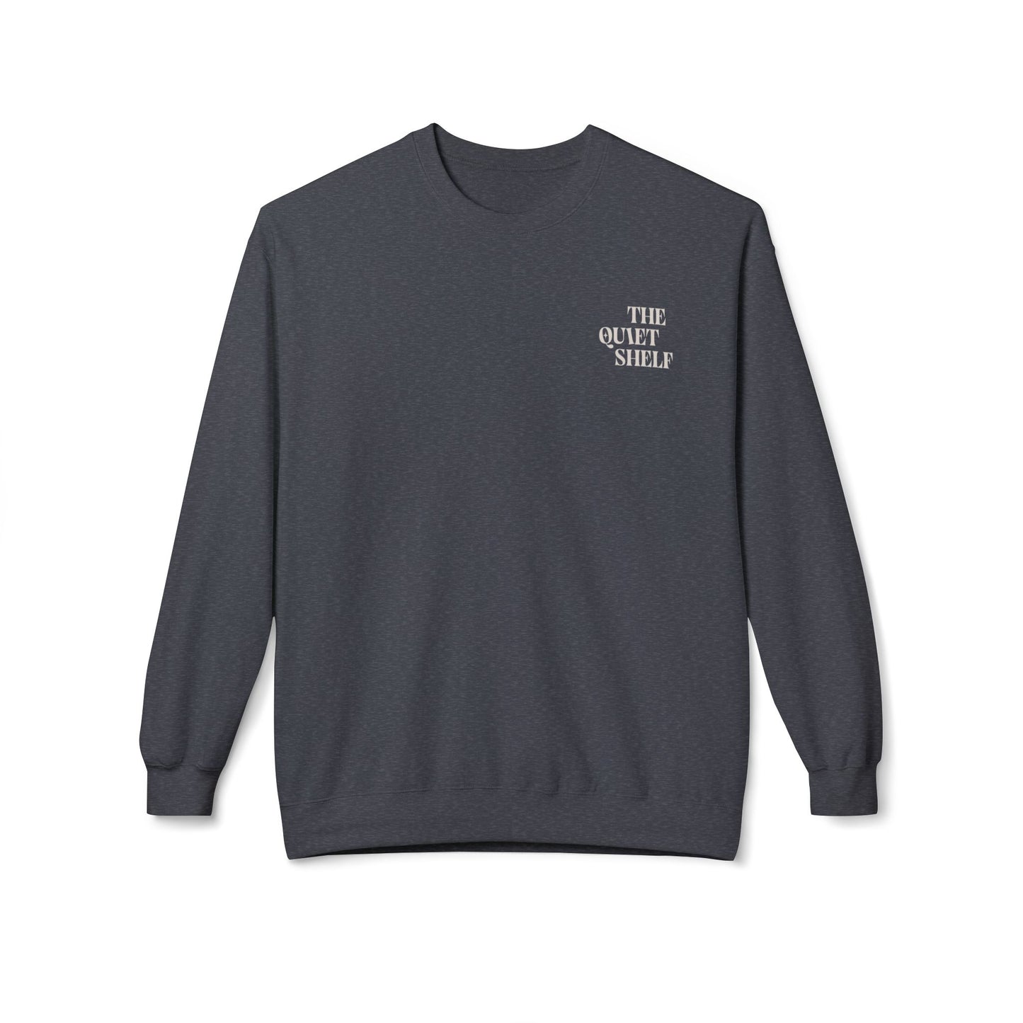A black crewneck sweatshirt with 'THE QUIET SHELF' written in a small, bold font on the upper left front side.