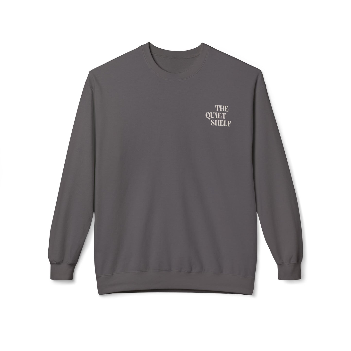 A crewneck sweatshirt with 'THE QUIET SHELF' written in a small, bold font on the upper left front side.