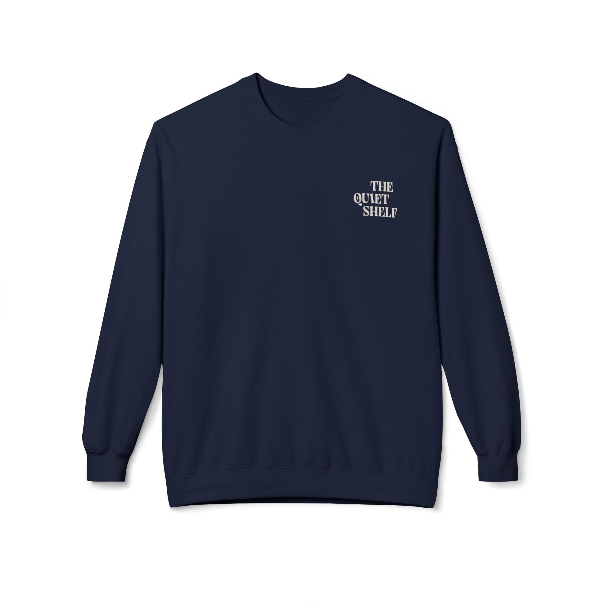 A navy blue crewneck sweatshirt with 'THE QUIET SHELF' written in a small, bold font on the upper left front side.