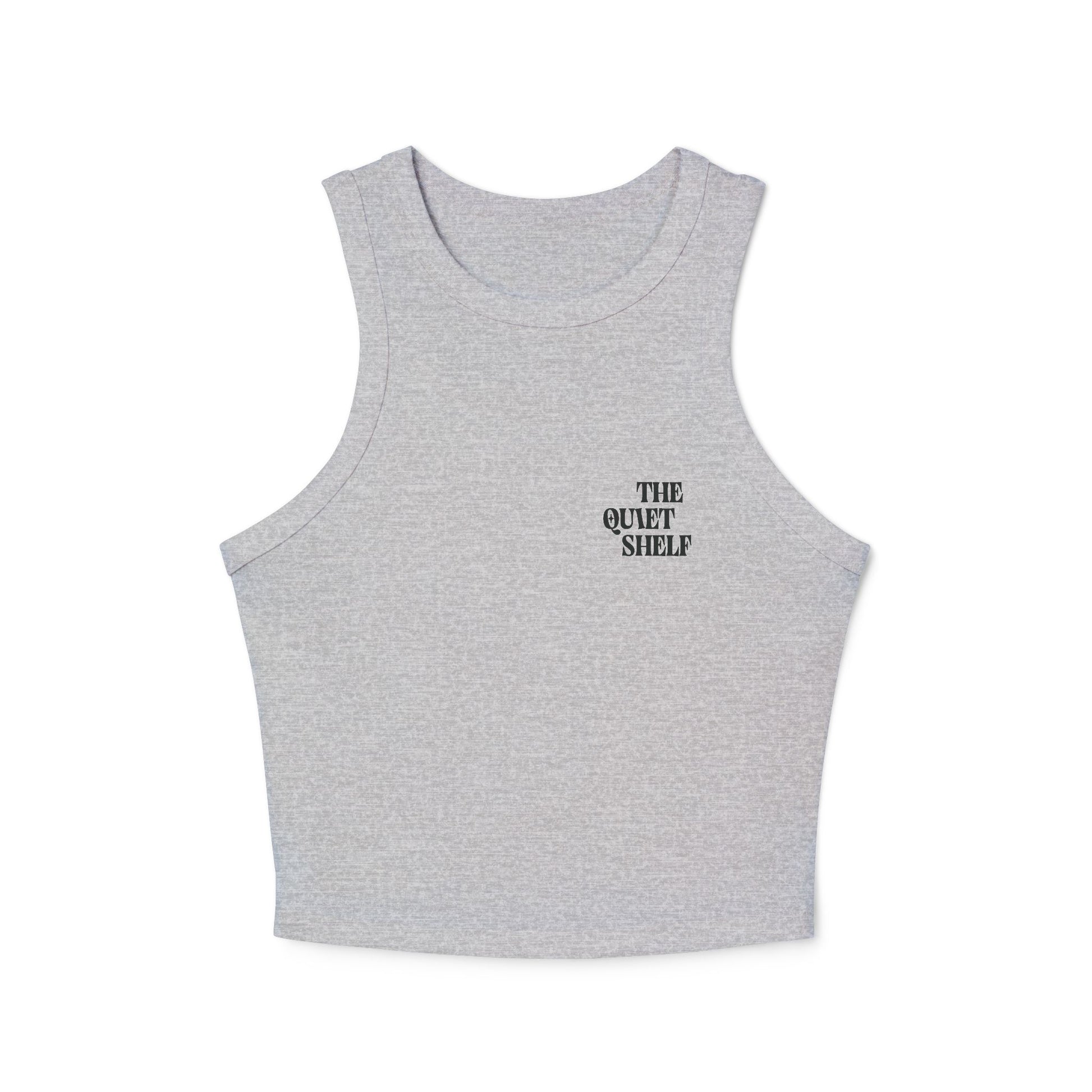 A gray racerback crop tank top with 'THE QUIET SHELF' logo printed in black on the chest.