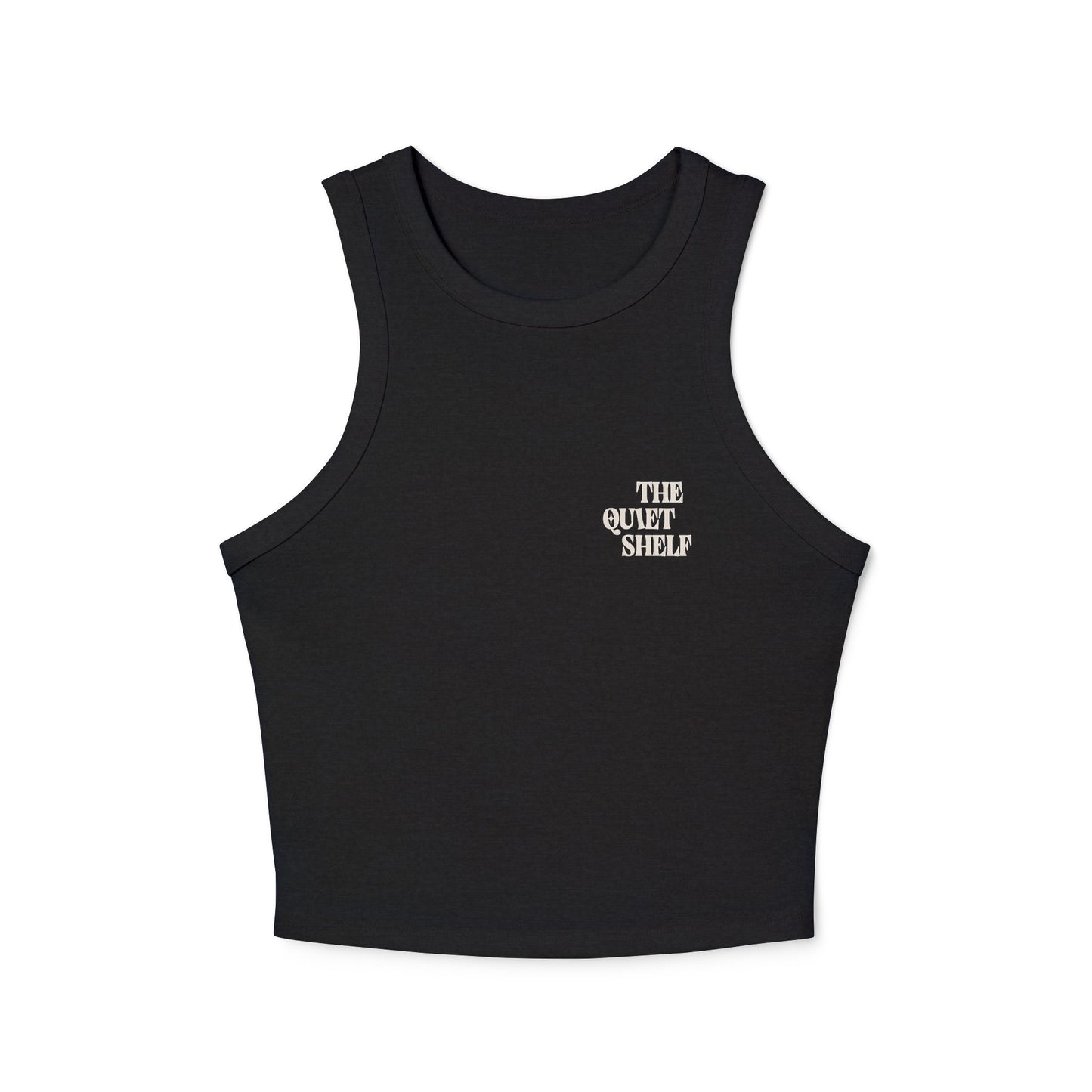 A black racerback crop tank top with 'THE QUIET SHELF' logo printed in white on the chest.