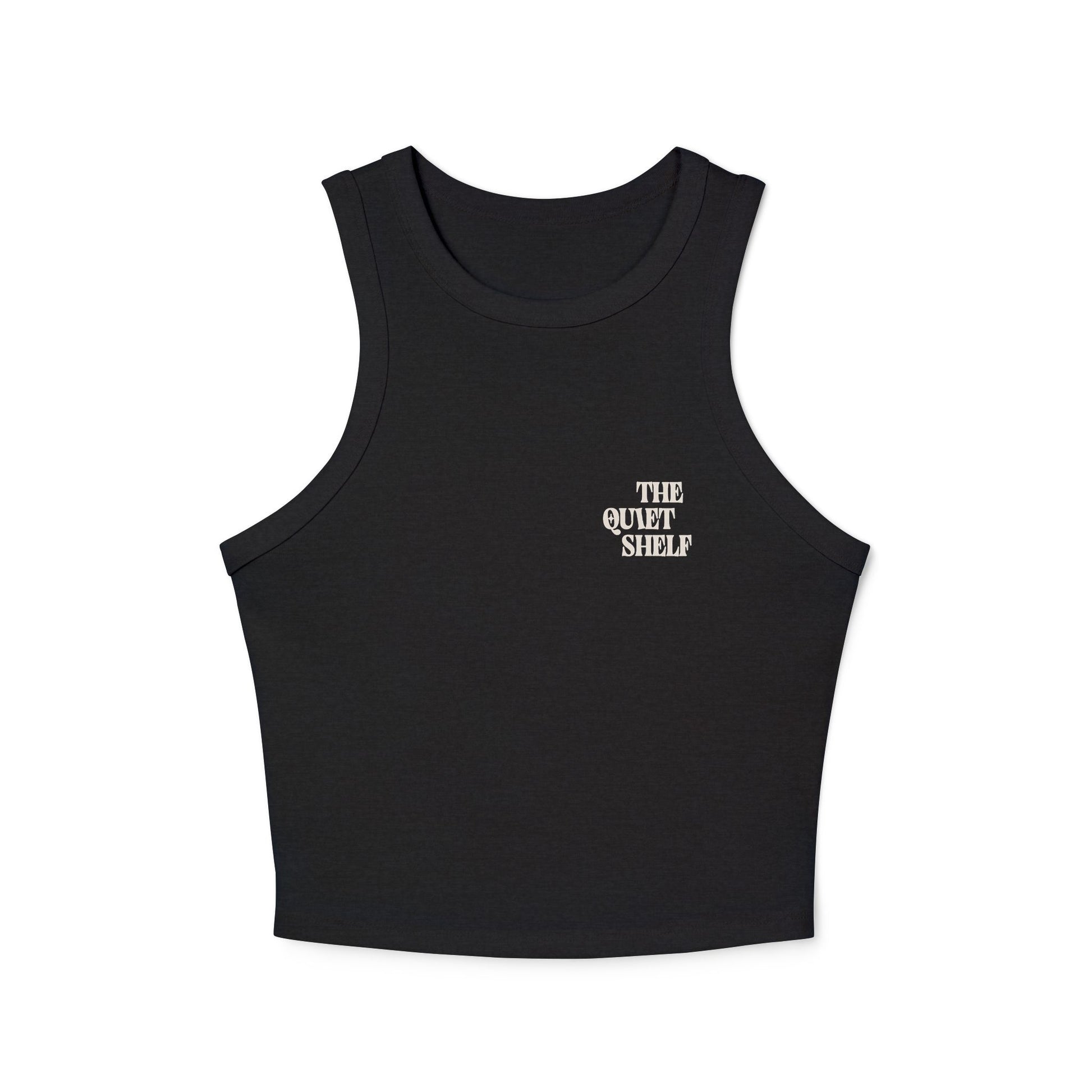 A black racerback crop tank top with 'THE QUIET SHELF' logo printed in white on the chest.