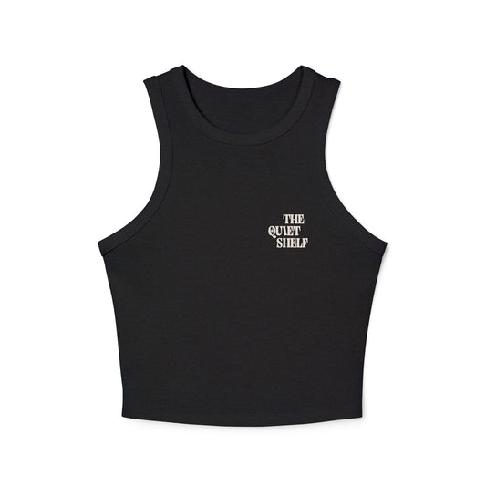 A black racerback crop tank top with 'THE QUIET SHELF' logo printed in white on the chest.