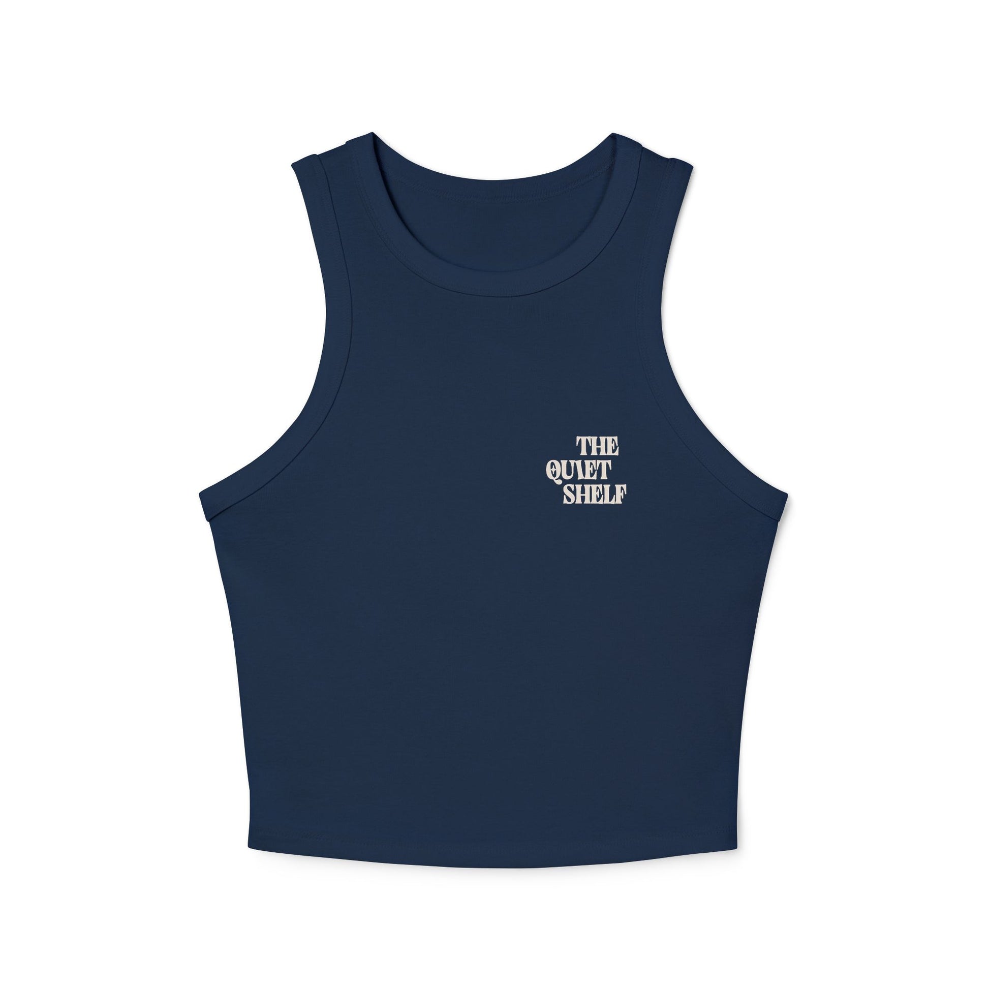A navy blue racerback crop tank top with 'THE QUIET SHELF' logo printed in white on the chest.