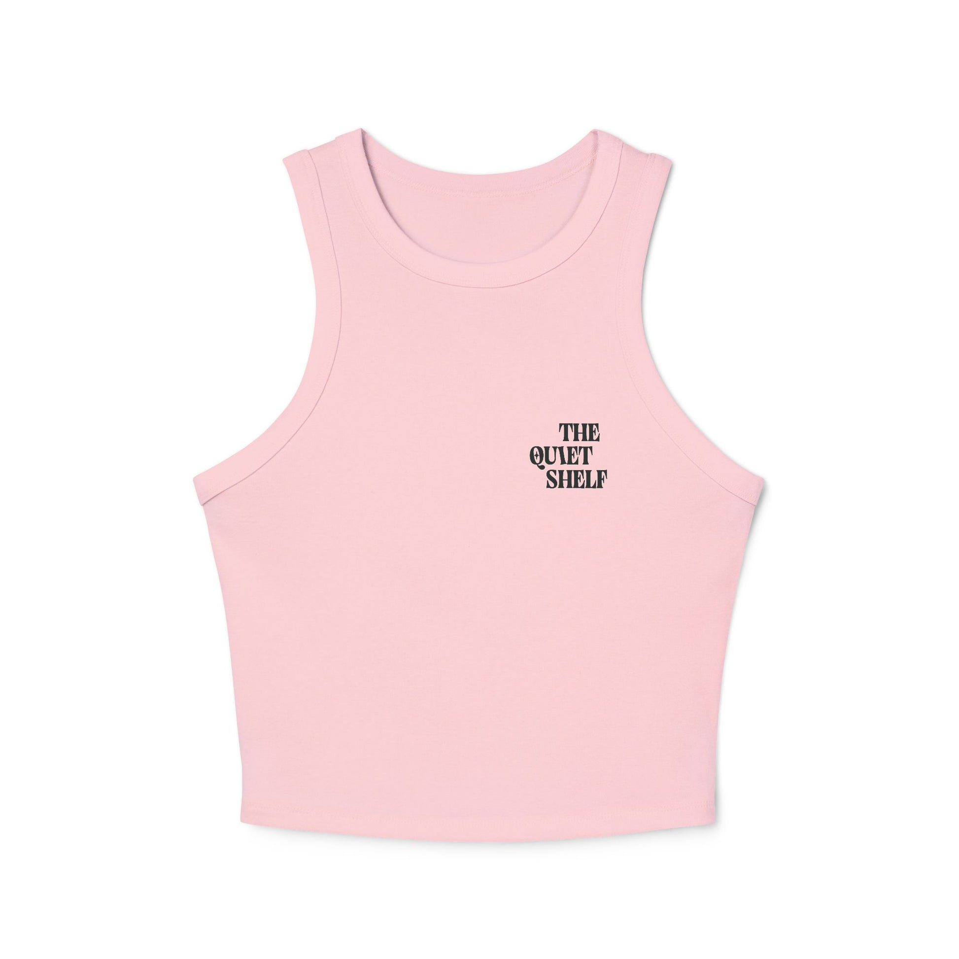 A pink racerback crop tank top with 'THE QUIET SHELF' logo printed in black on the chest.