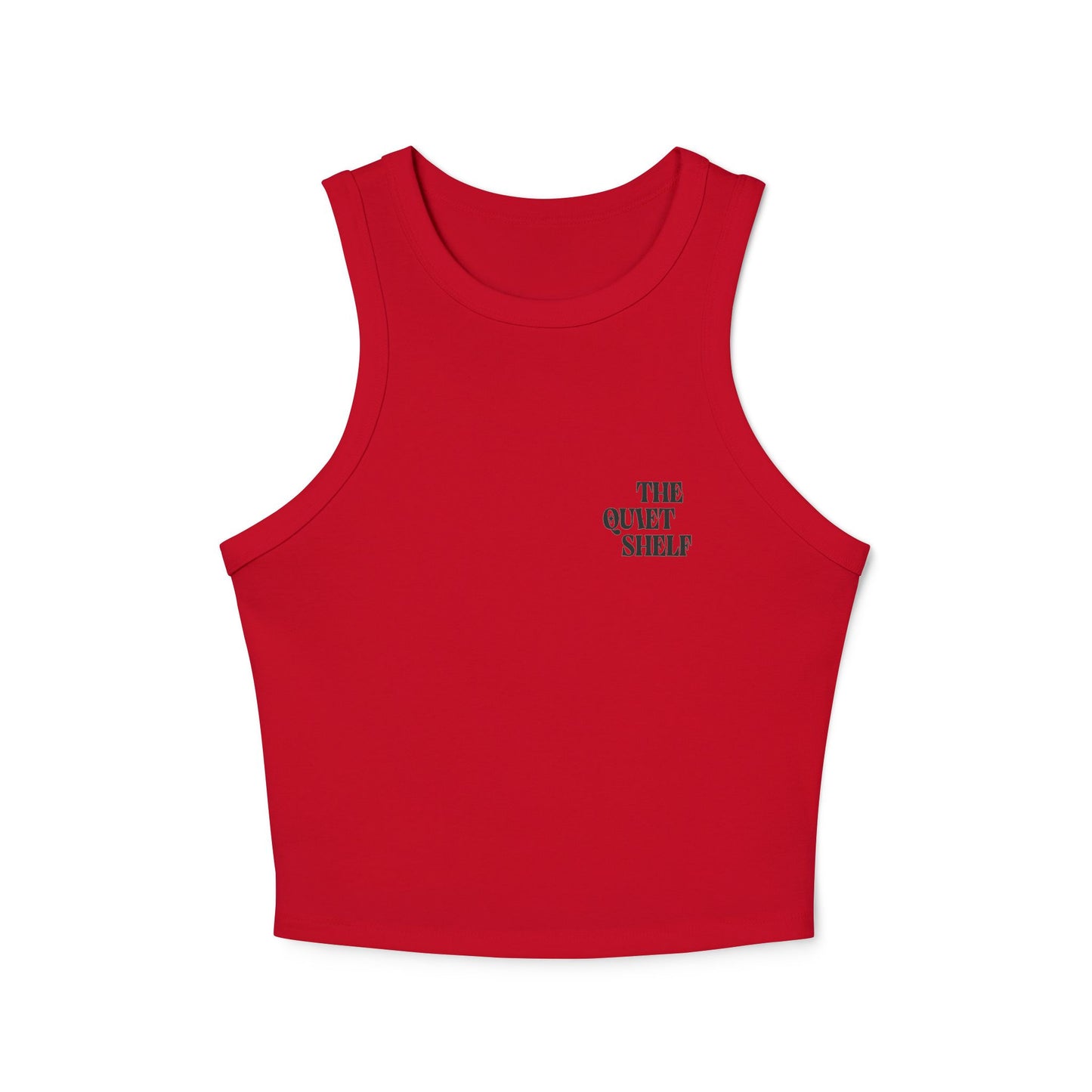 A red racerback crop tank top with 'THE QUIET SHELF' logo printed in black on the chest.