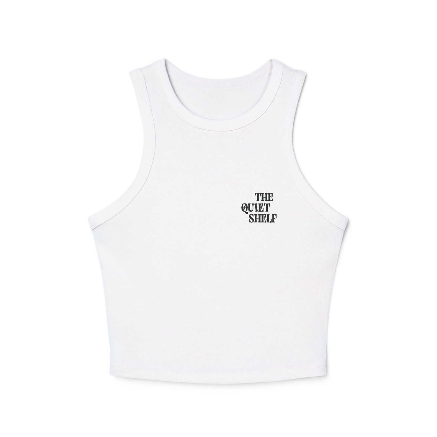 A white racerback crop tank top with 'THE QUIET SHELF' logo printed in black on the chest.
