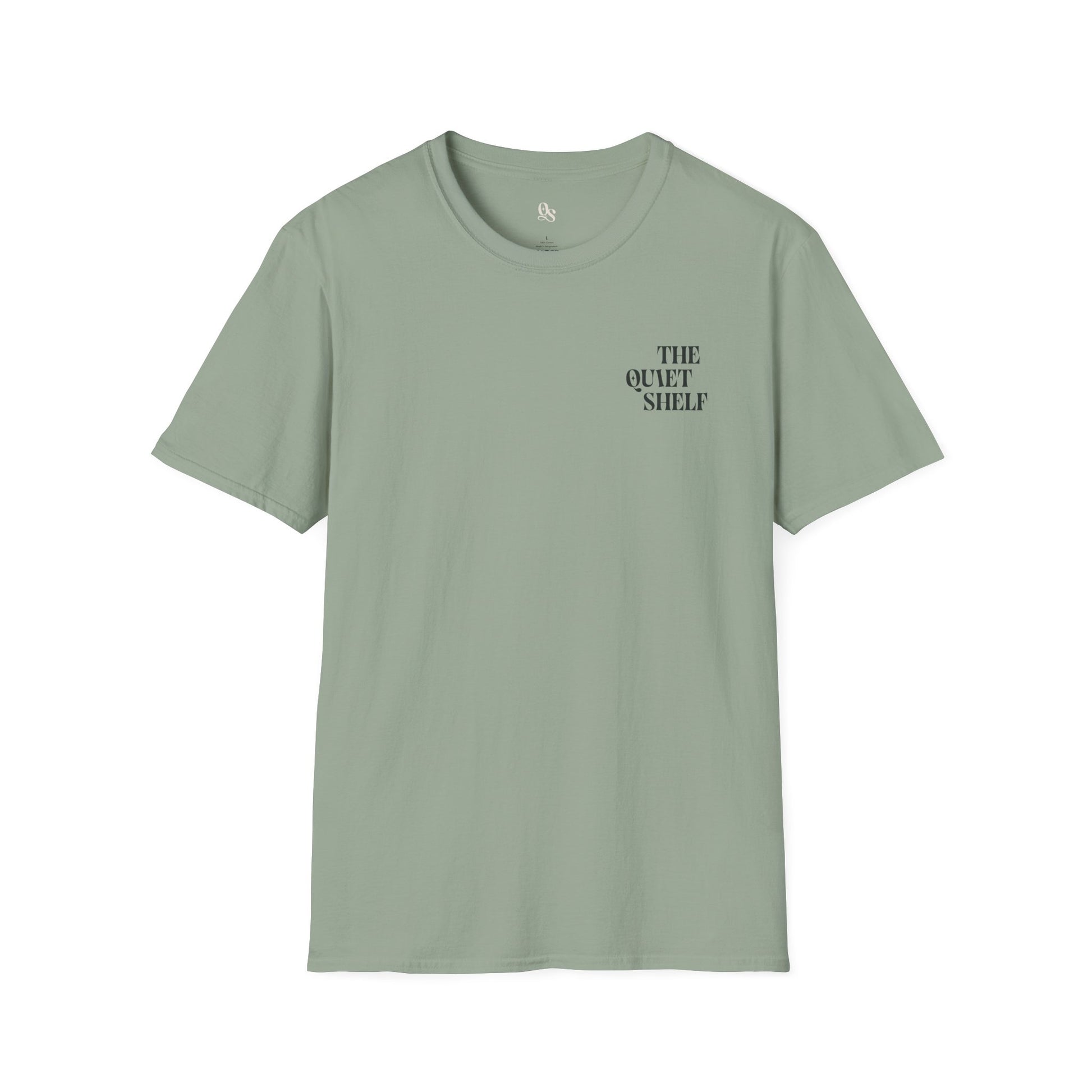 A green unisex crew neck t-shirt with 'THE QUIET SHELF' text on the upper left side.