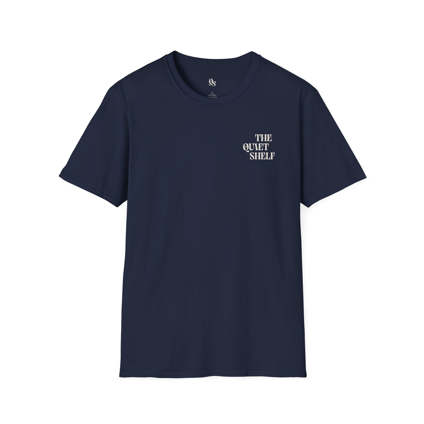 A navy blue unisex crew neck t-shirt with 'THE QUIET SHELF' text on the upper left side.