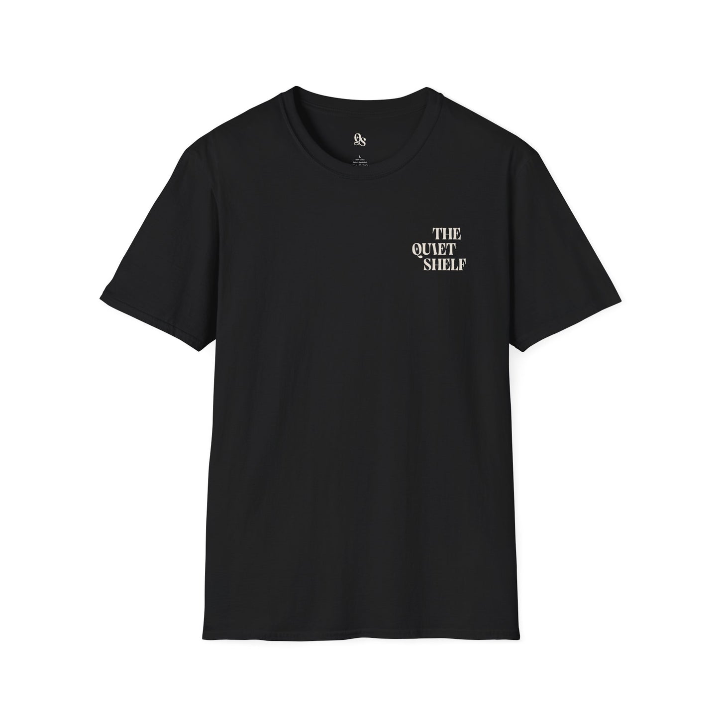 A black unisex crew neck t-shirt with 'THE QUIET SHELF' text on the upper left side.