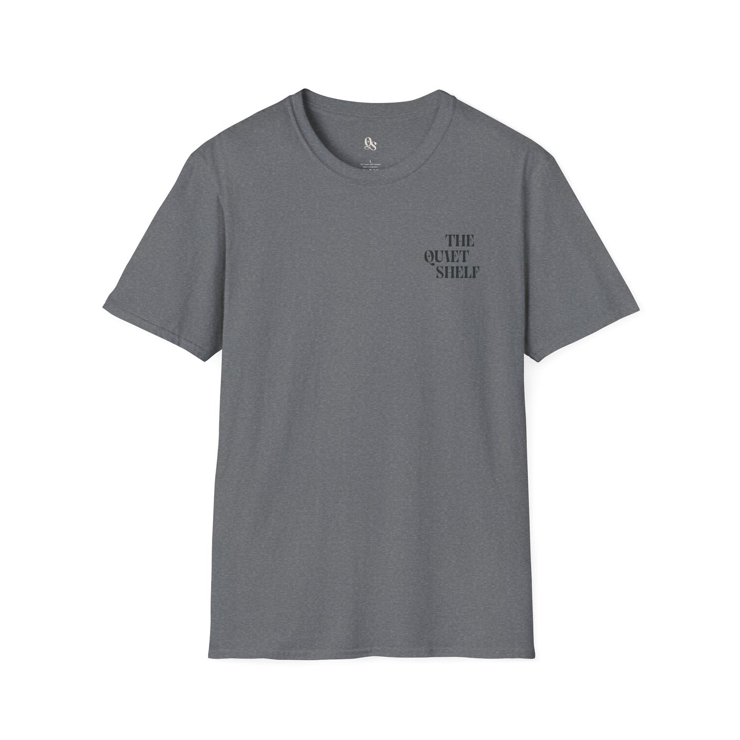 A gray unisex crew neck t-shirt with 'THE QUIET SHELF' text on the upper left side.