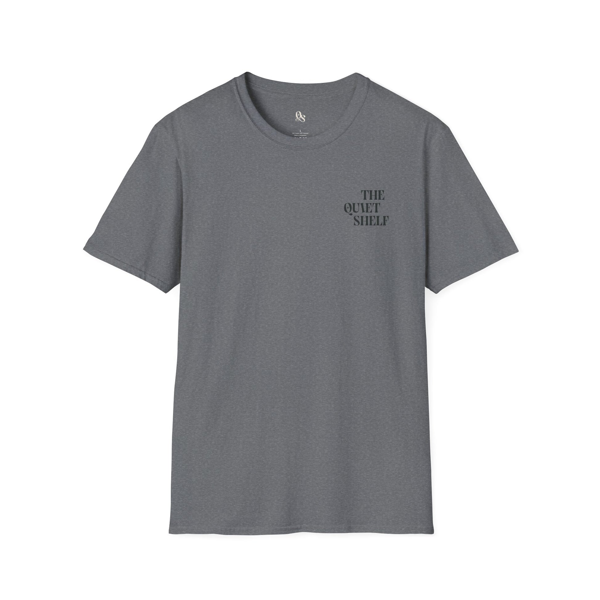 A gray unisex crew neck t-shirt with 'THE QUIET SHELF' text on the upper left side.