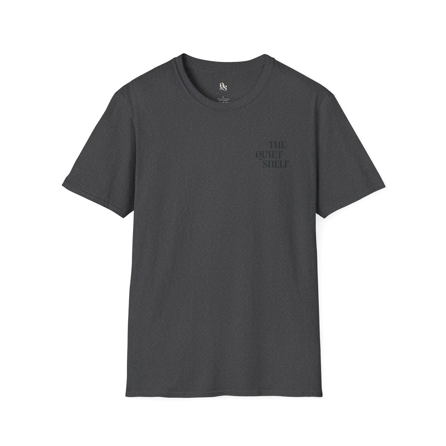 A gray unisex crew neck t-shirt with 'THE QUIET SHELF' text on the upper left side.