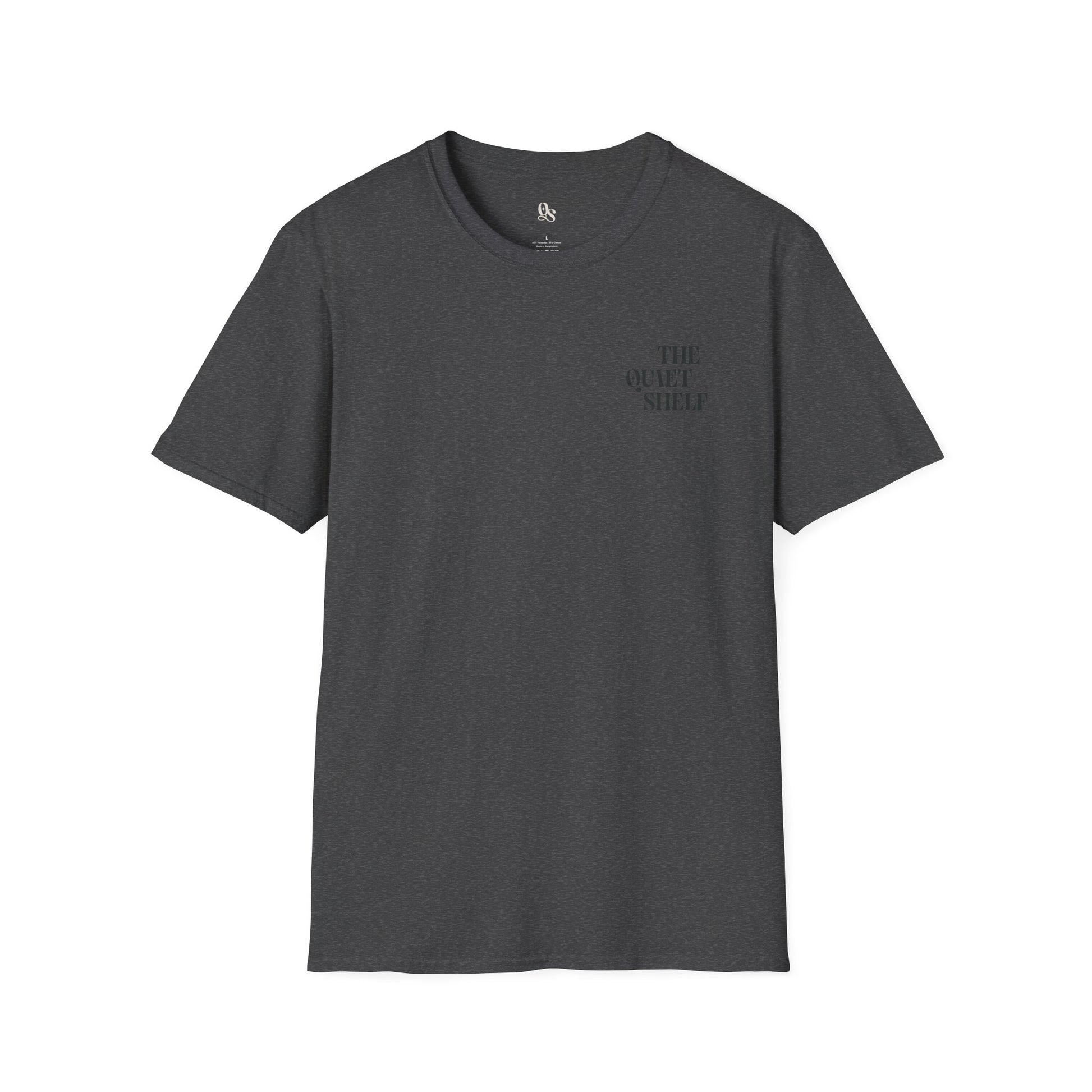 A gray unisex crew neck t-shirt with 'THE QUIET SHELF' text on the upper left side.