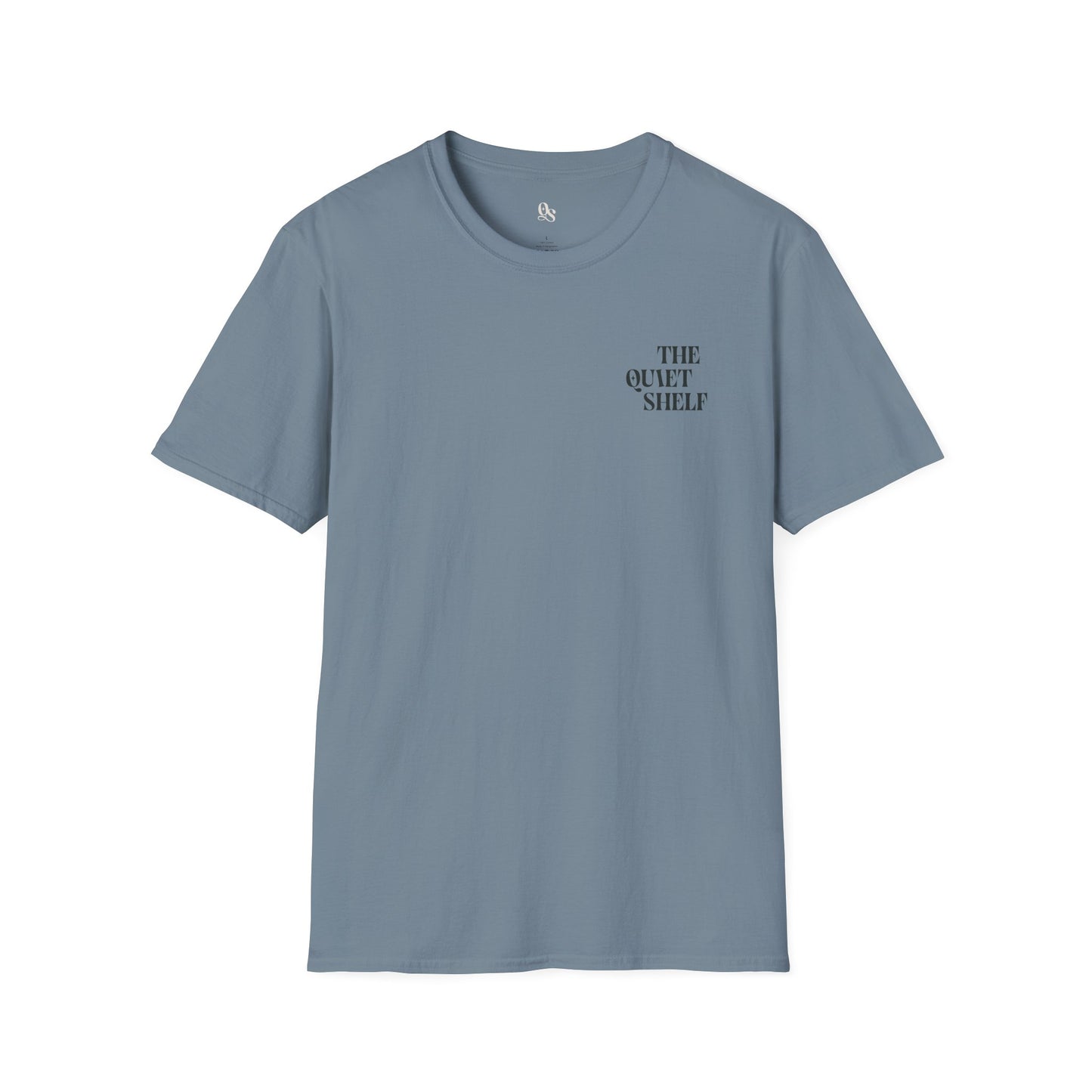 A blue unisex crew neck t-shirt with 'THE QUIET SHELF' text on the upper left side.