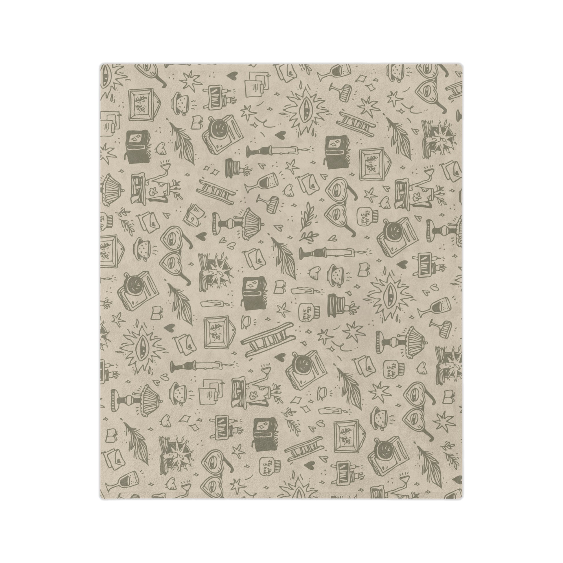 Patterned fabric with decorative elements on a beige background