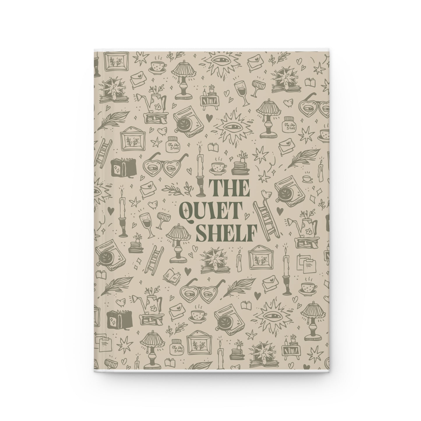 A pine green matte hardcover journal with line art illustrations of books, glasses, and other related items on the cover, titled 'THE QUIET SHELF'.