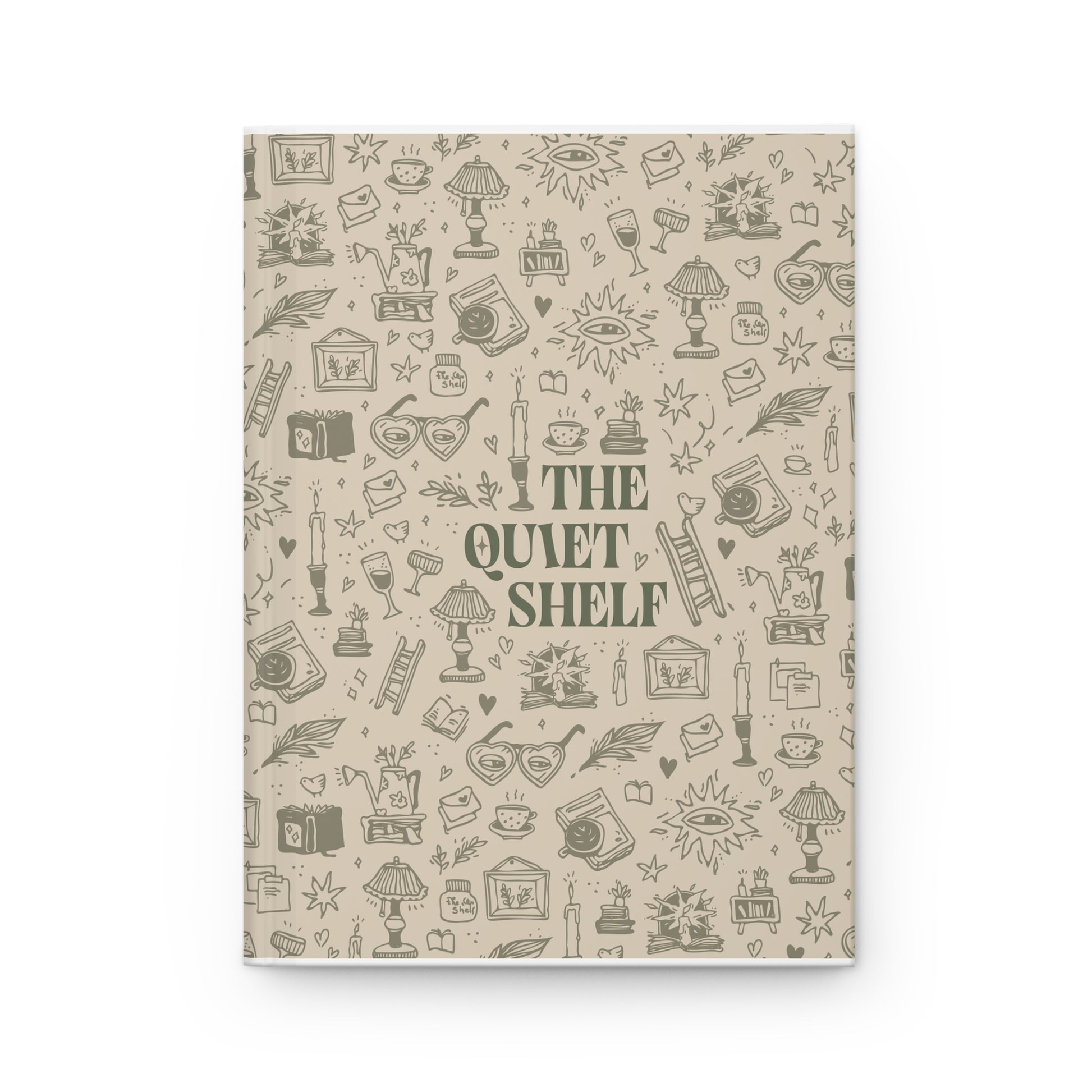 A pine green matte hardcover journal with line art illustrations of books, glasses, and other related items on the cover, titled 'THE QUIET SHELF'.