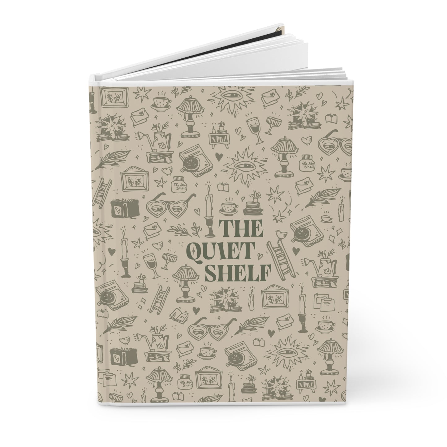 Notebook with 'The Quiet Shelf' design on a beige background