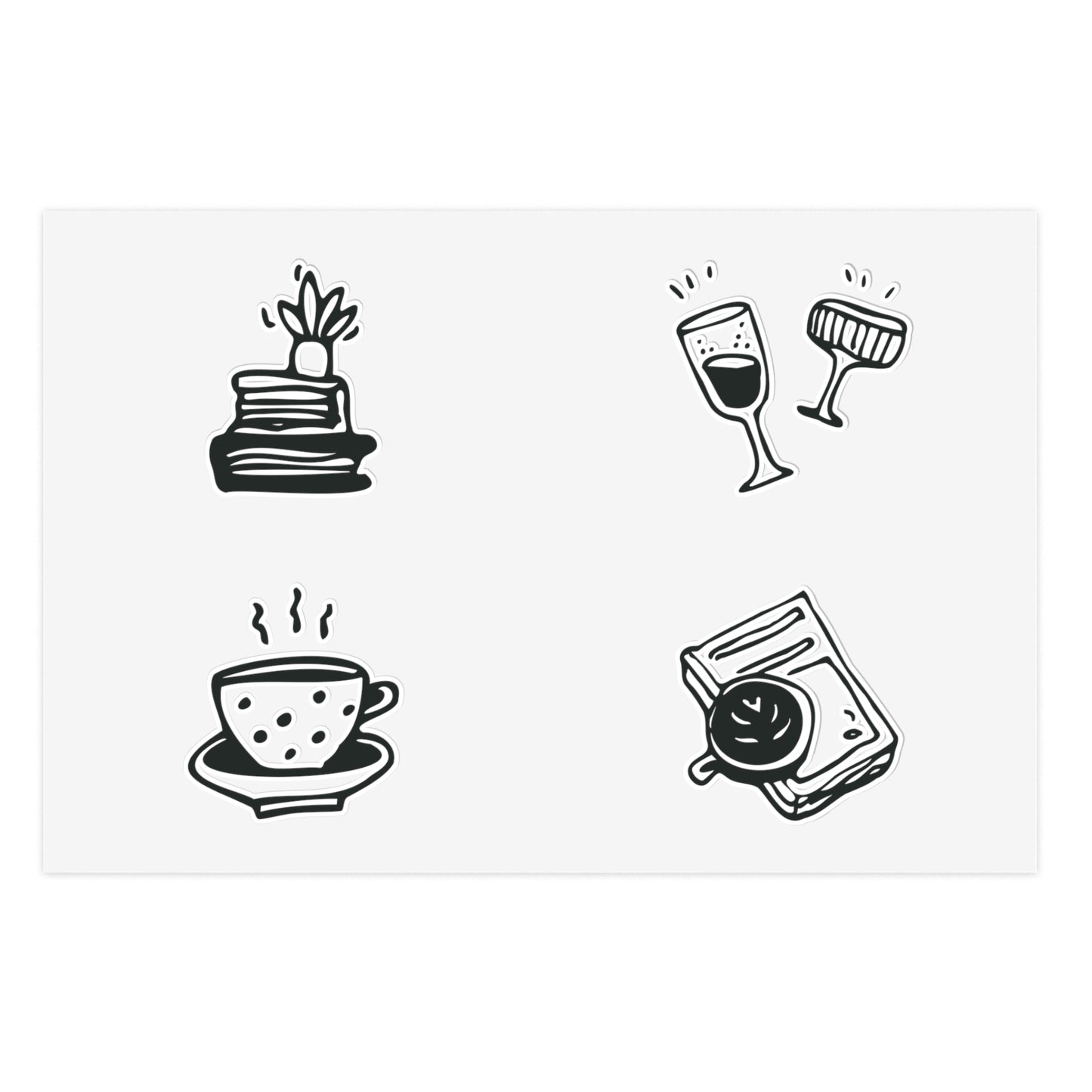 A set of four vinyl stickers with monochrome illustrations, including a stack of books, a coffee cup, wine glasses, and a book with a coffee cup.