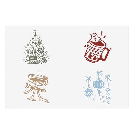 Set of four decorative icons including a Christmas tree, a mug, a bow, and lanterns on a white background.