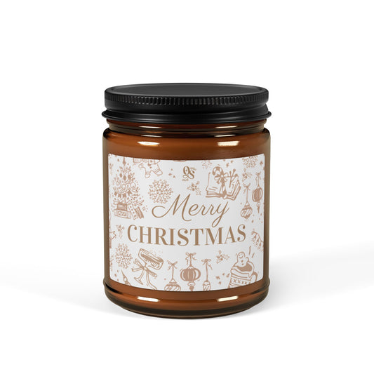 Brown candle jar with black lid and 'Merry Christmas' label on a white background