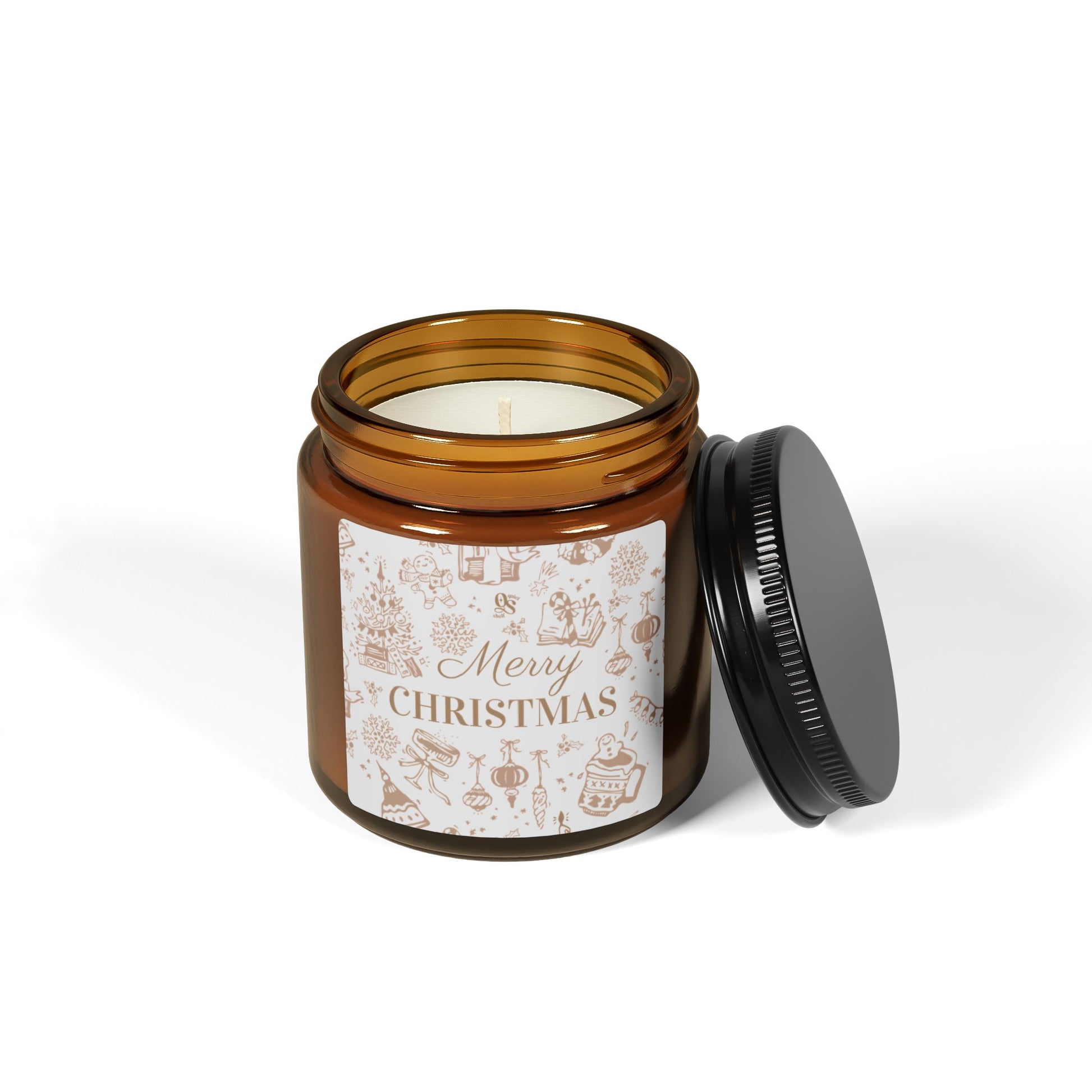 Brown candle jar with 'Merry Christmas' label on a white background