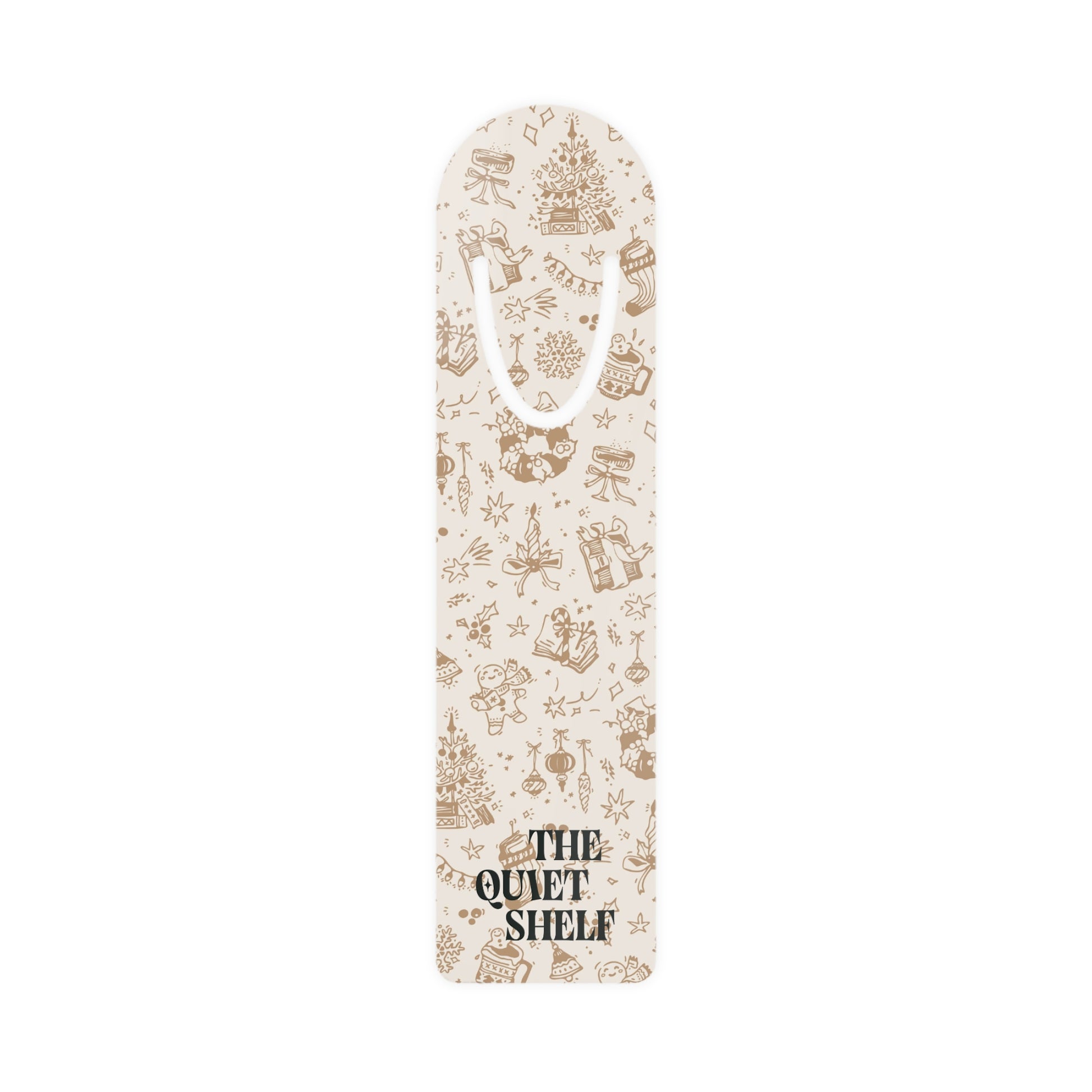 Christmas bookmark with 'The Quiet Shelf' text on a white background