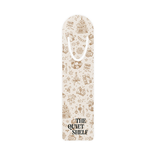 Christmas bookmark with 'The Quiet Shelf' text on a white background