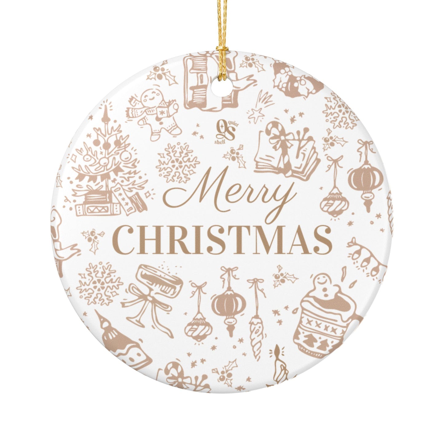 Round Christmas ornament with 'Merry Christmas' text and festive illustrations on a white background