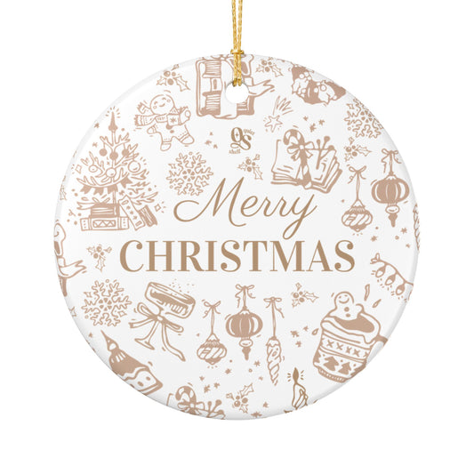 Round Christmas ornament with 'Merry Christmas' text and festive illustrations on a white background