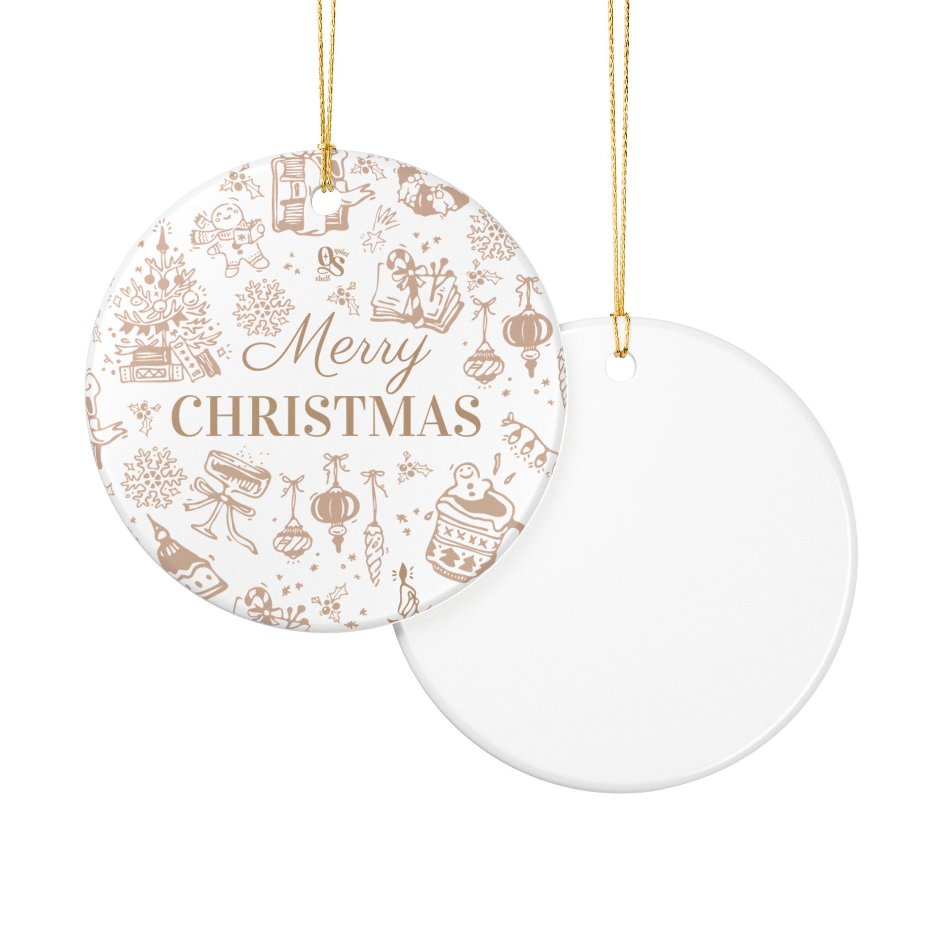 Round Christmas ornament with 'Merry Christmas' text and festive illustrations on a white background.