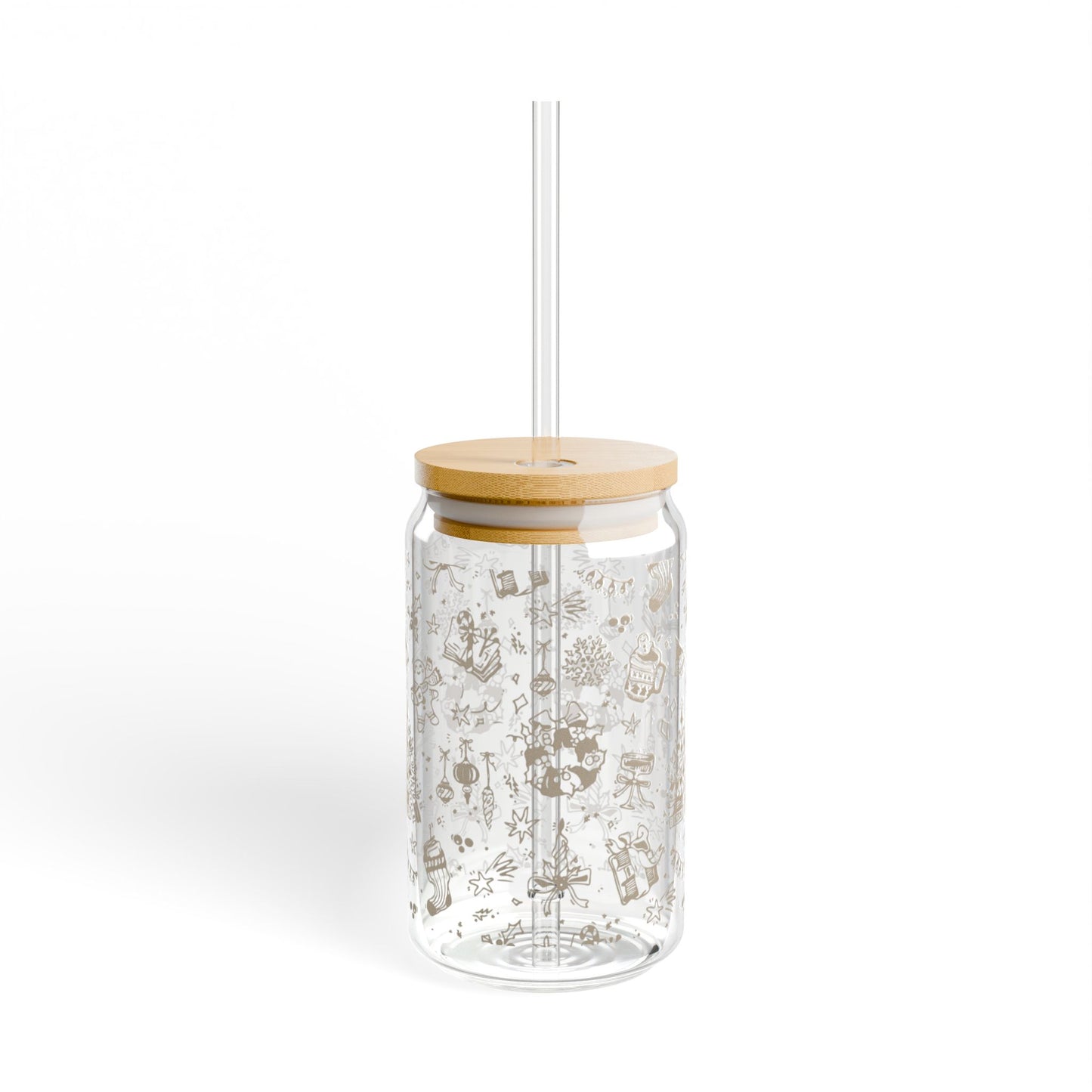 Clear glass tumbler with bamboo lid and straw on a white background
