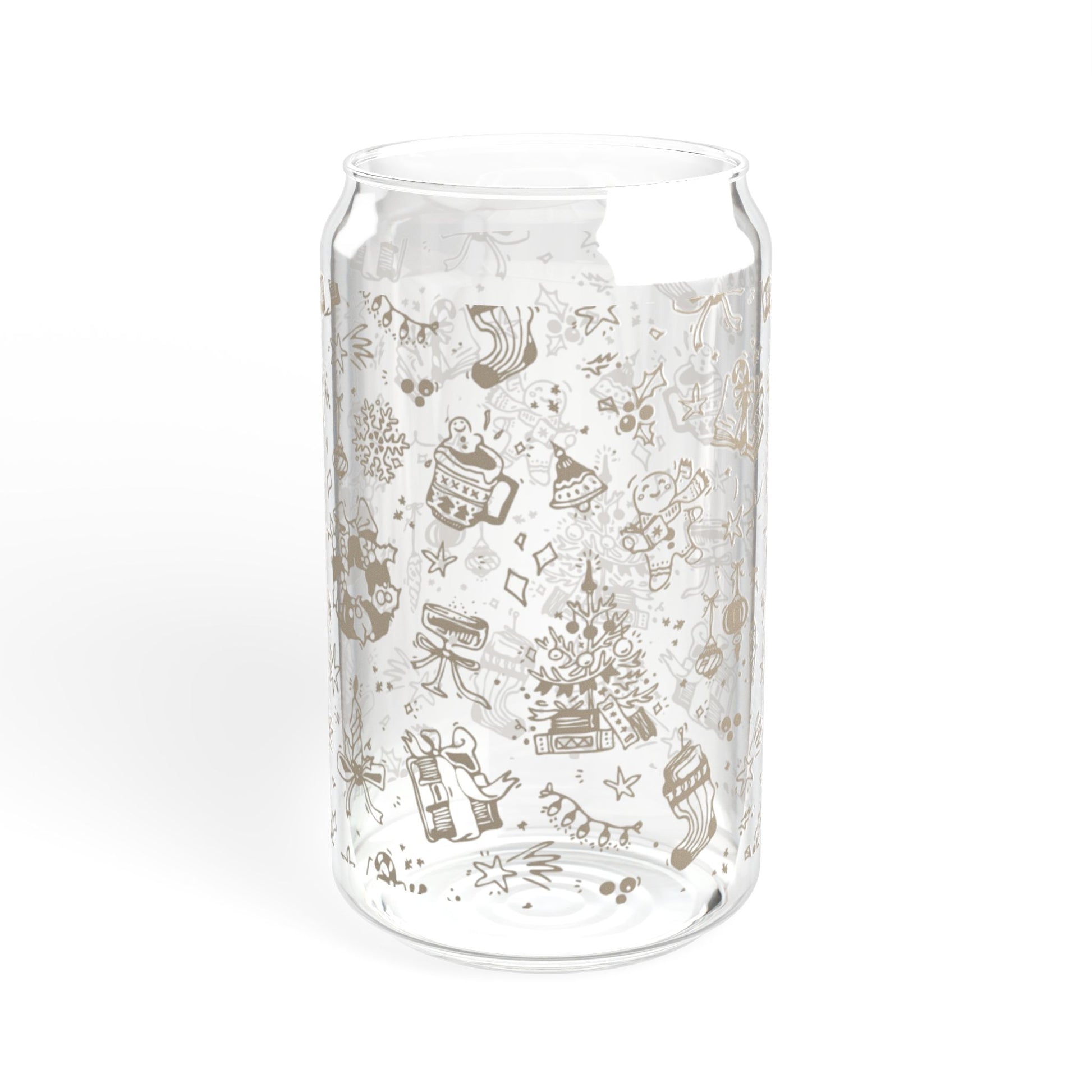 Clear glass vase with winter-themed decorative patterns on a white background