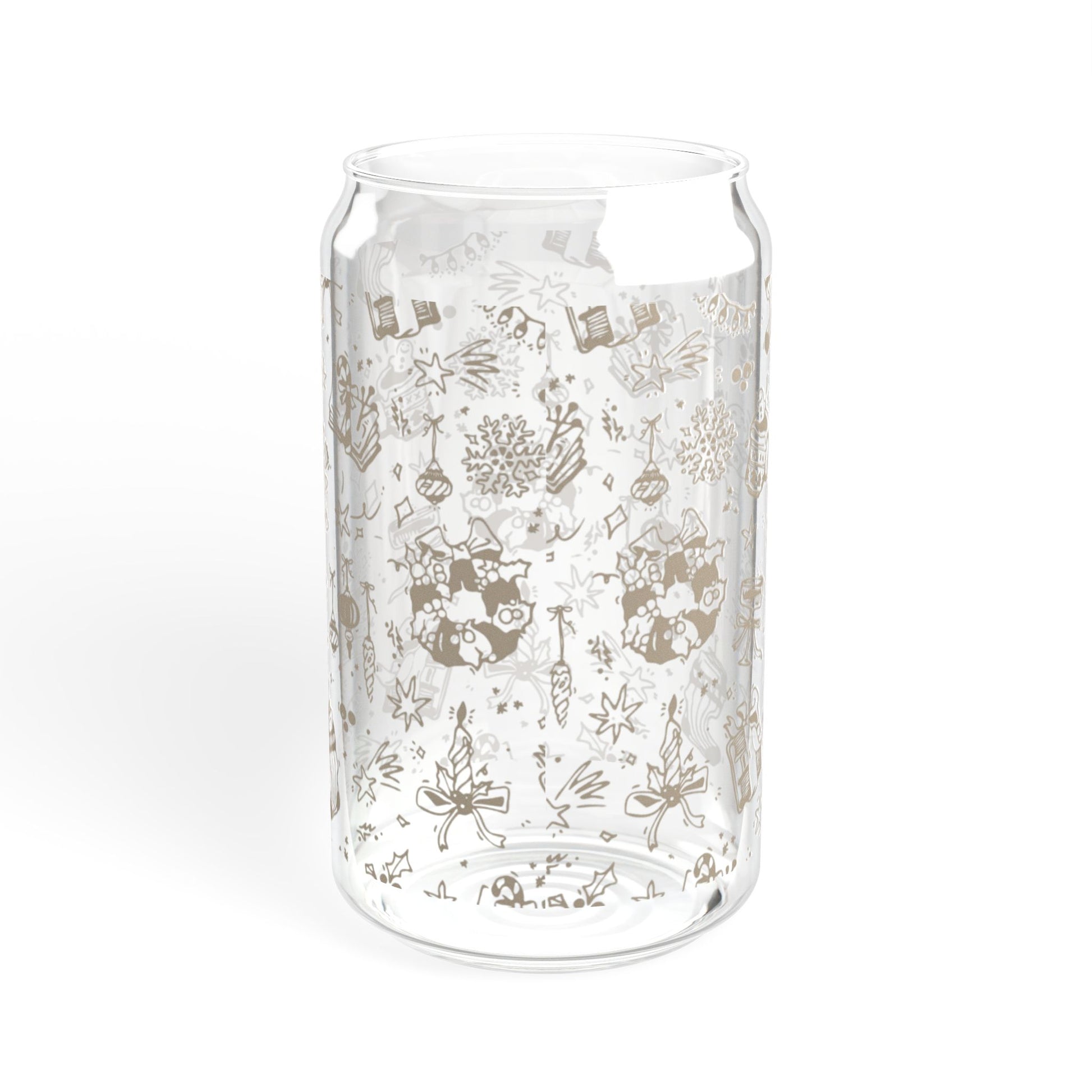 Clear glass vase with decorative patterns on a white background