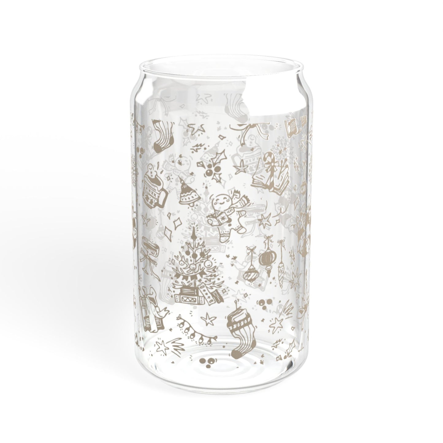 Clear glass vase with decorative winter-themed illustrations on a white background