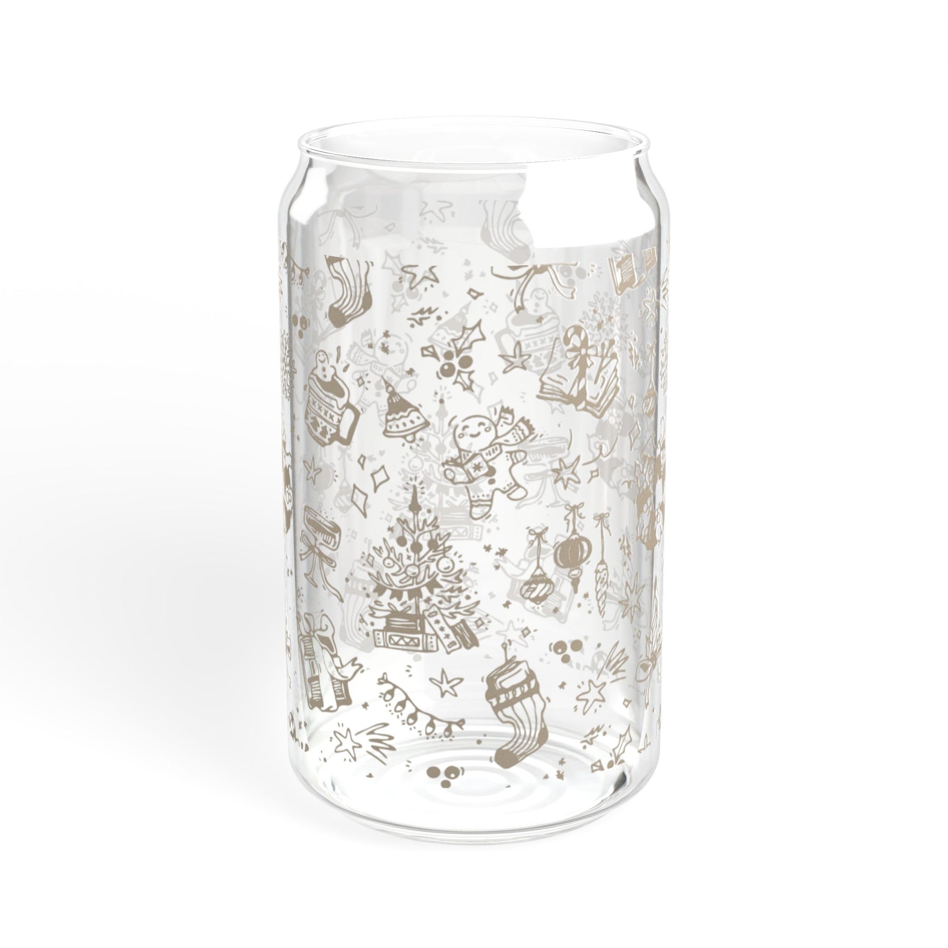 Clear glass vase with decorative winter-themed illustrations on a white background
