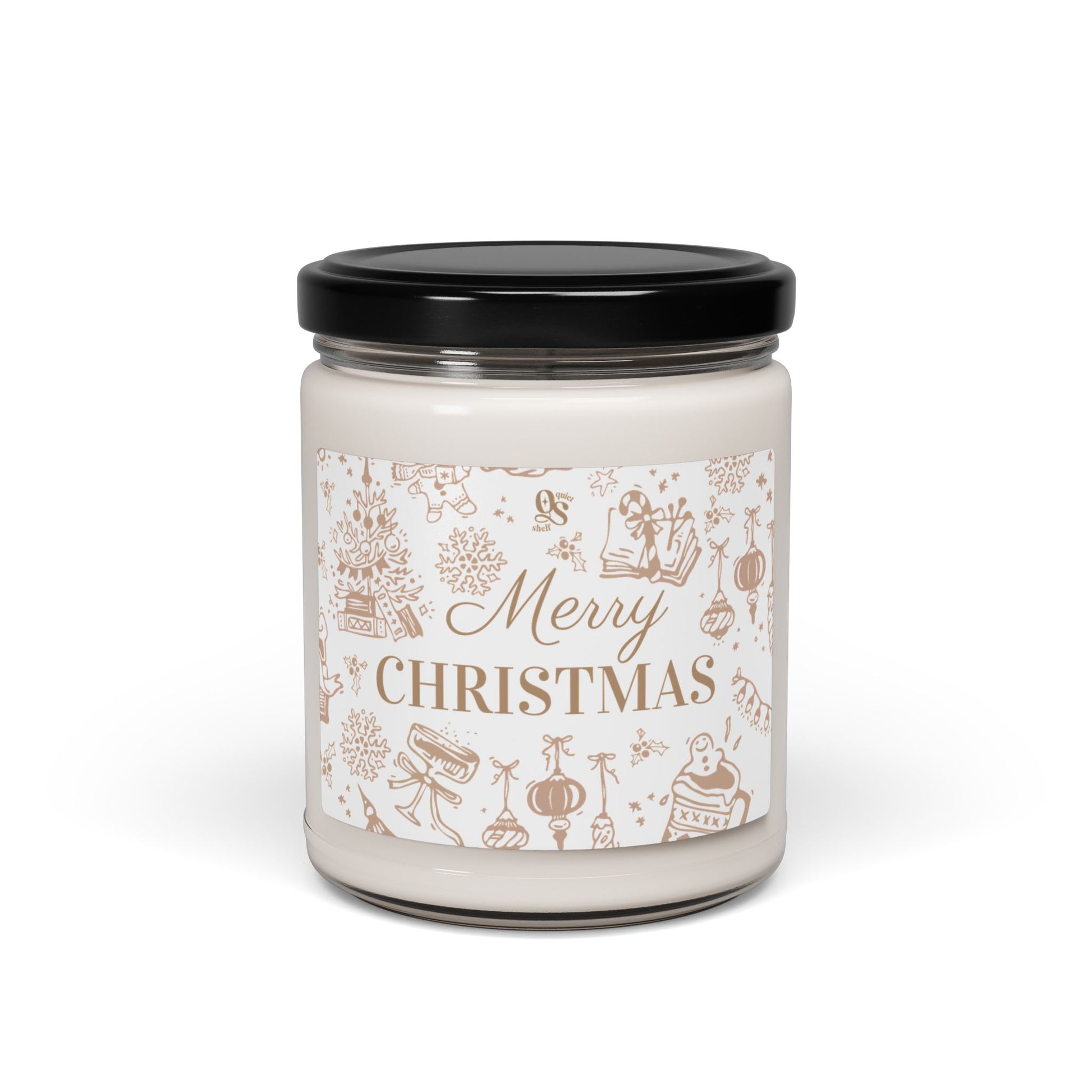 Candle jar with a 'Merry Christmas' label on a white background