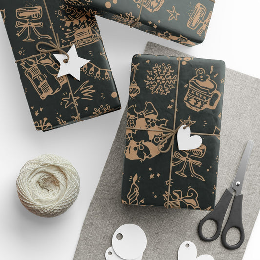 Dark green wrapping paper with gold patterns, scissors, and a ball of yarn on a white surface.