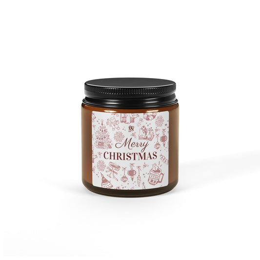 Brown jar with black lid and Christmas-themed label on a white background