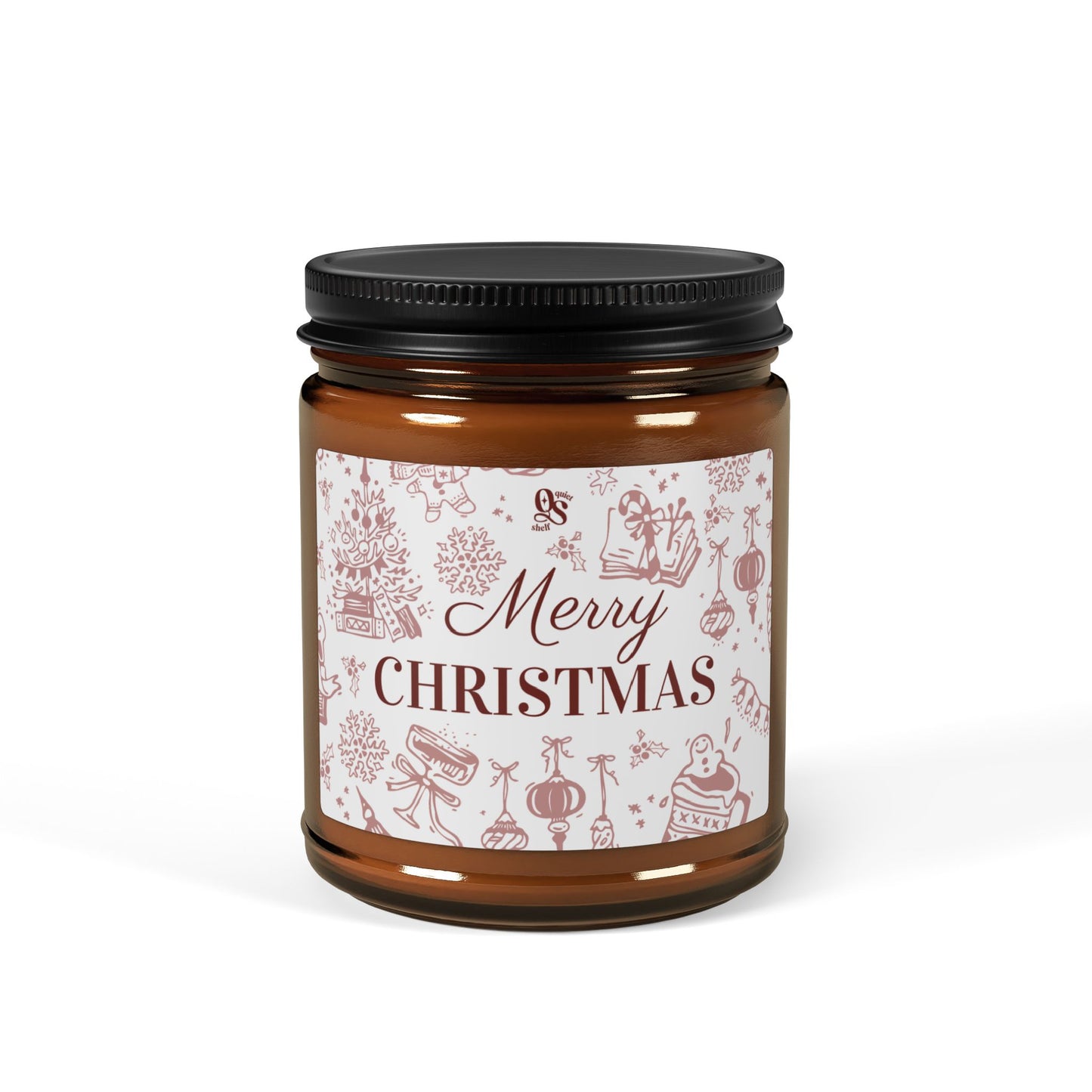 Brown candle jar with black lid and 'Merry Christmas' label on a white background