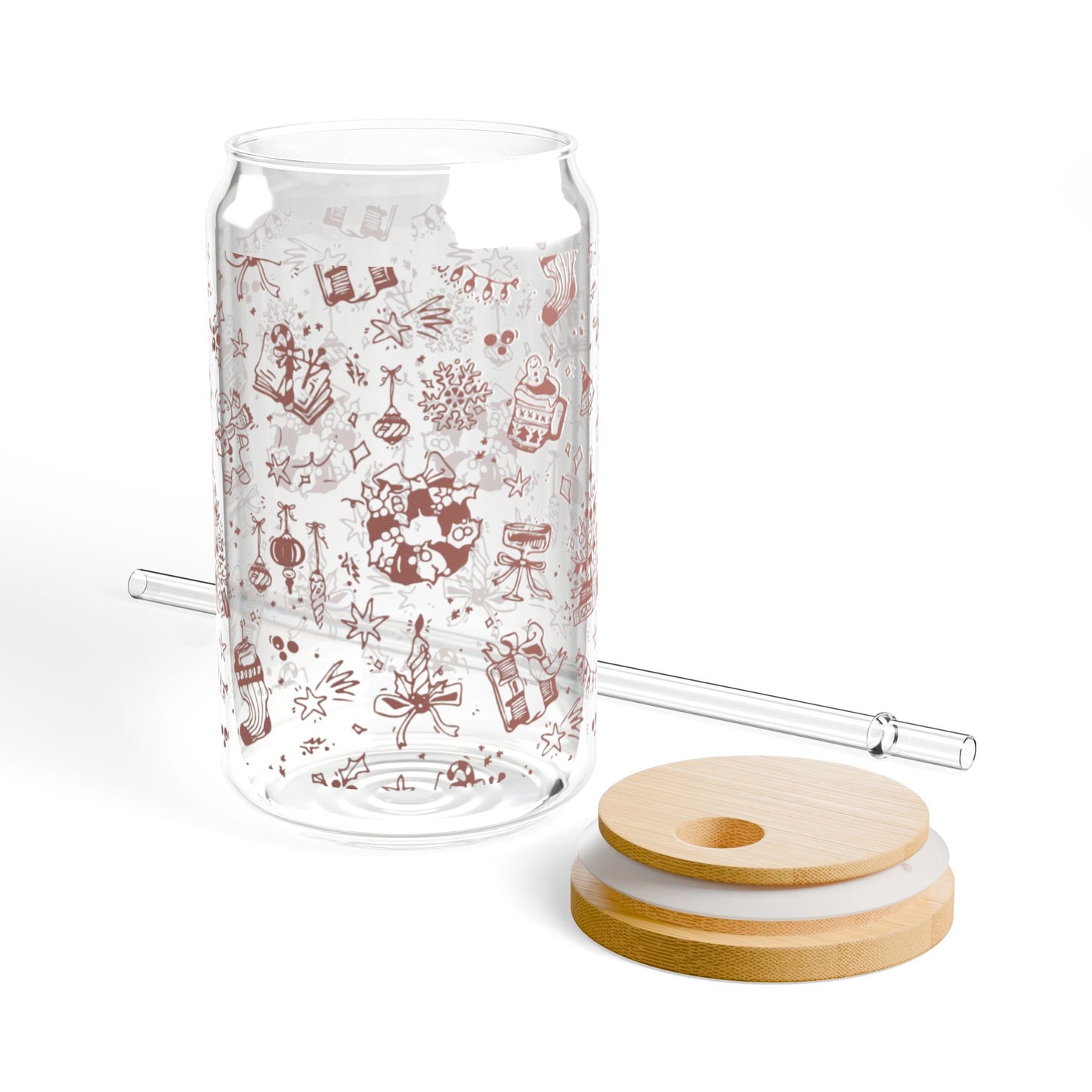 Clear glass drink container with red illustrations, wooden coasters, and a white coaster on a white background