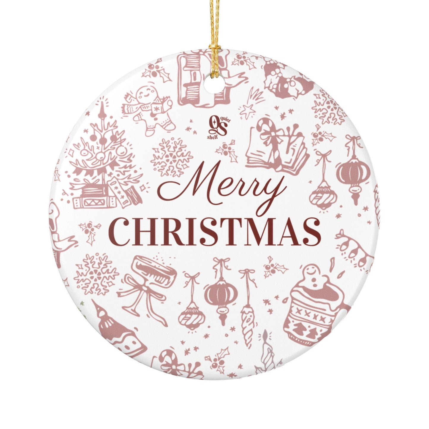 Decorative Christmas ornament with 'Merry Christmas' text and festive illustrations on a white background.