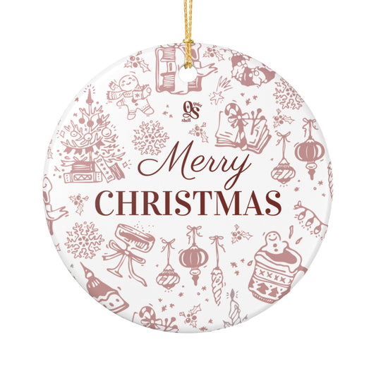 Decorative Christmas ornament with 'Merry Christmas' text and festive illustrations on a white background.