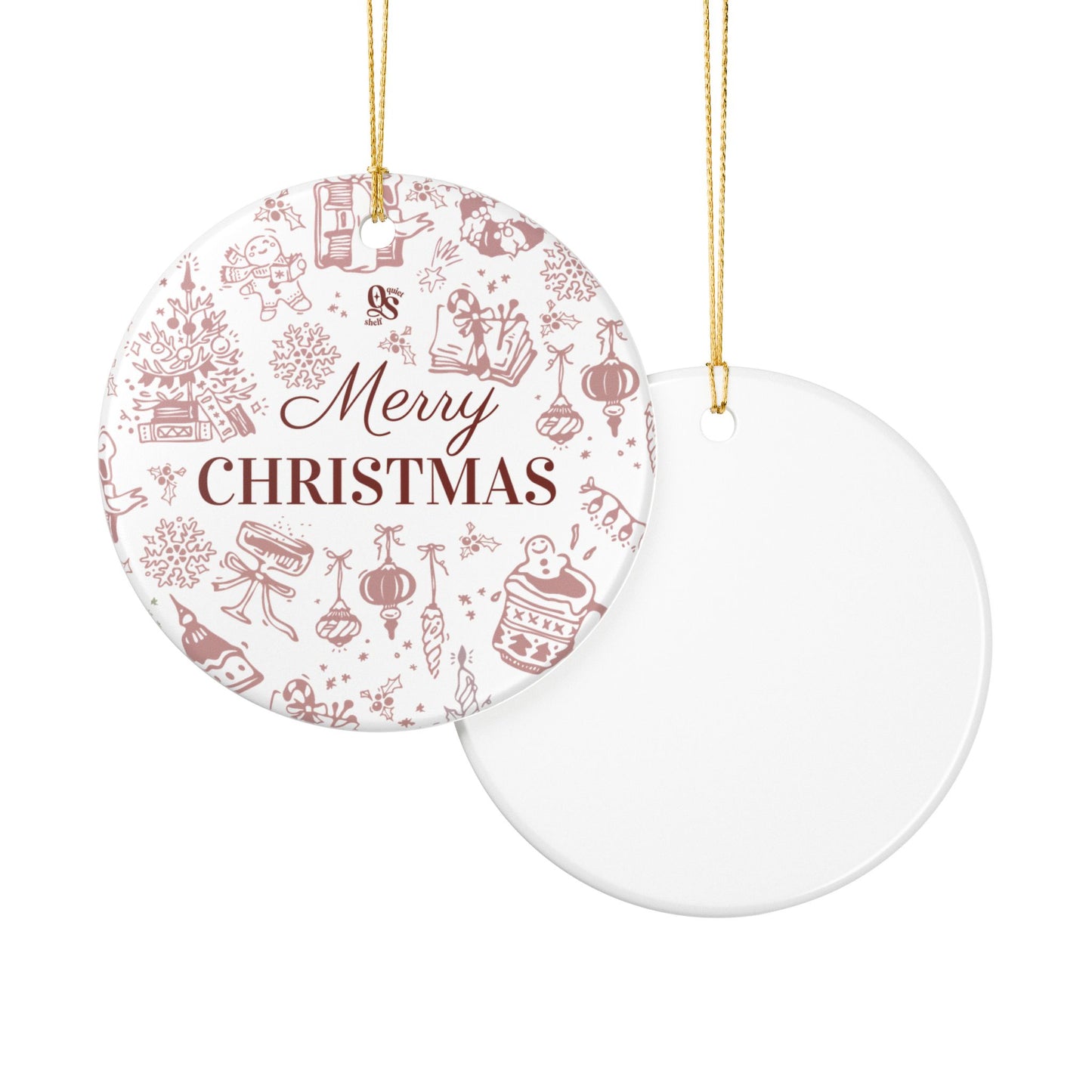 Decorative Christmas ornament with 'Merry Christmas' text and festive illustrations on a white background.