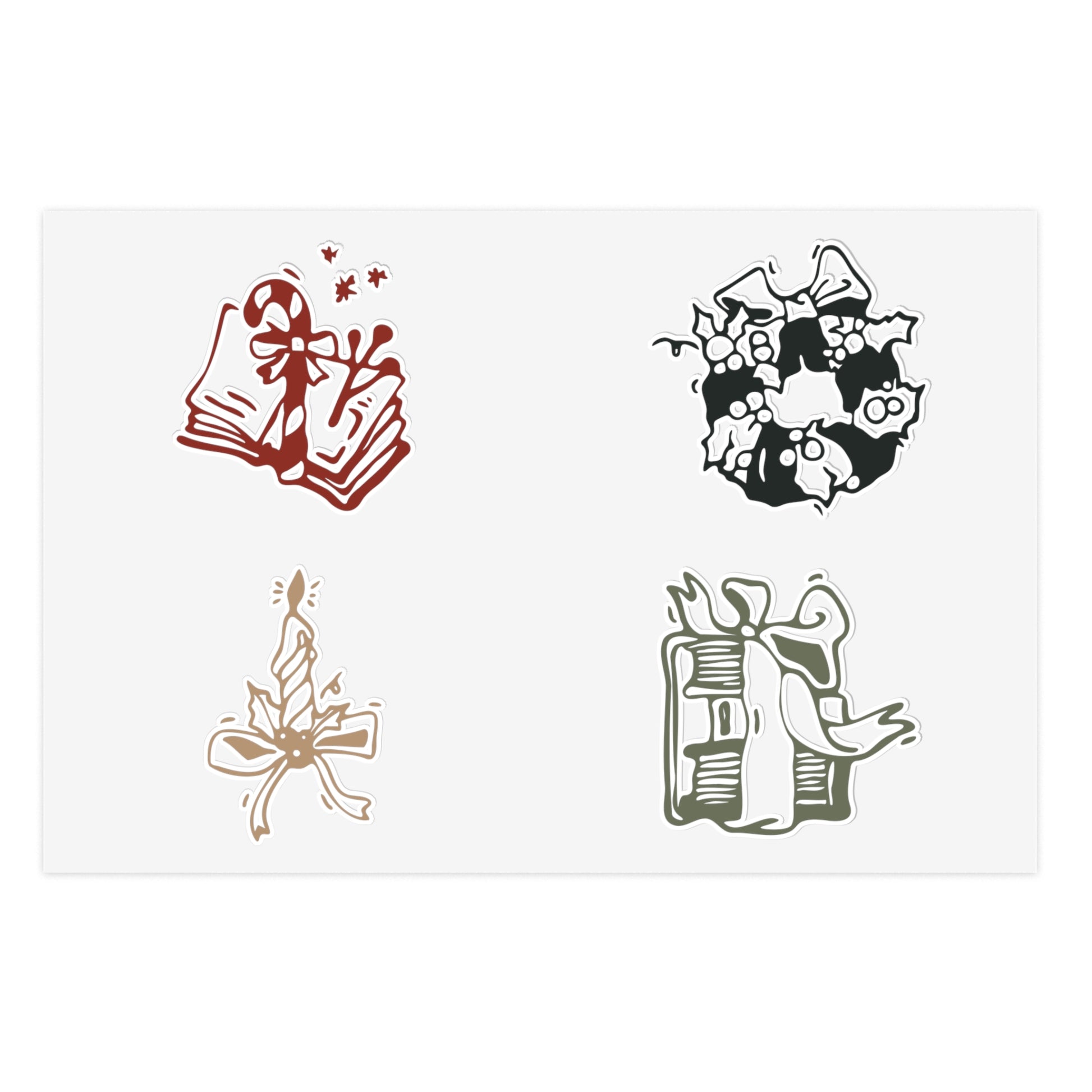 Set of four Christmas-themed stickers on a white background