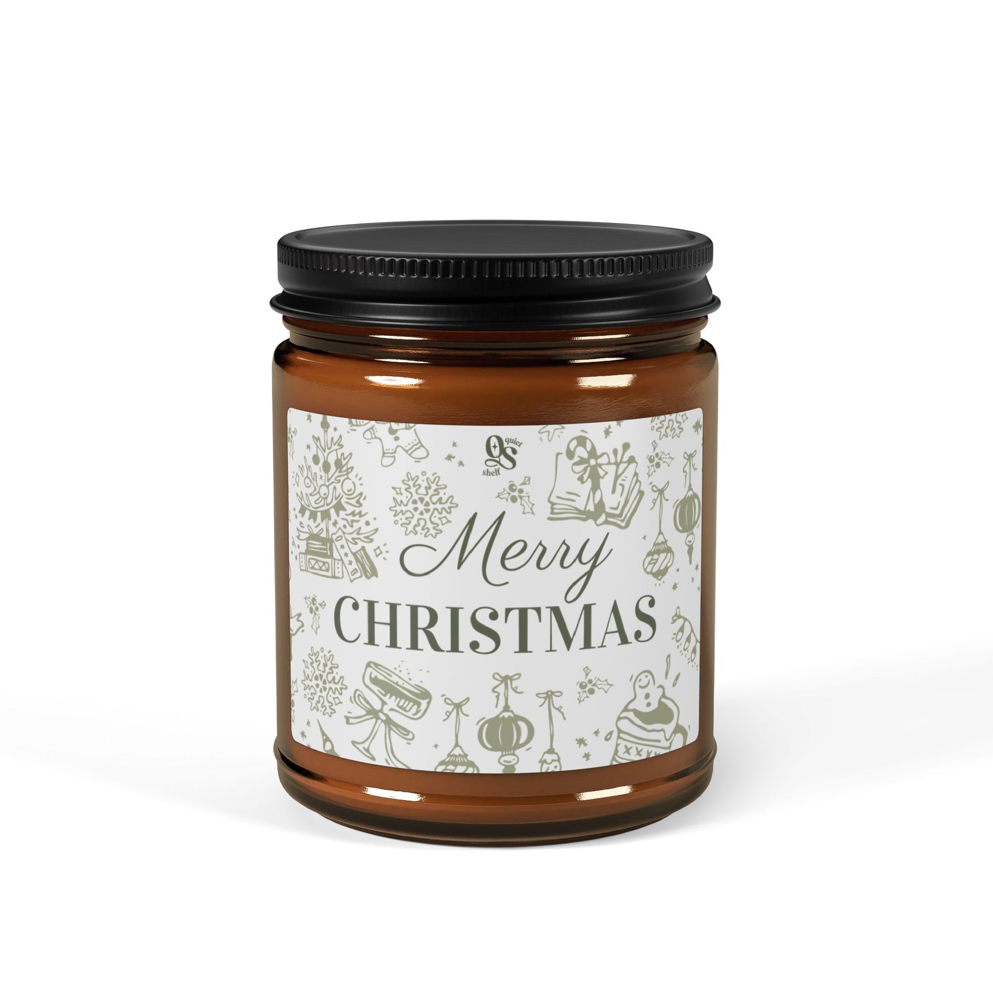 Candle jar with a 'Merry Christmas' label on a white background