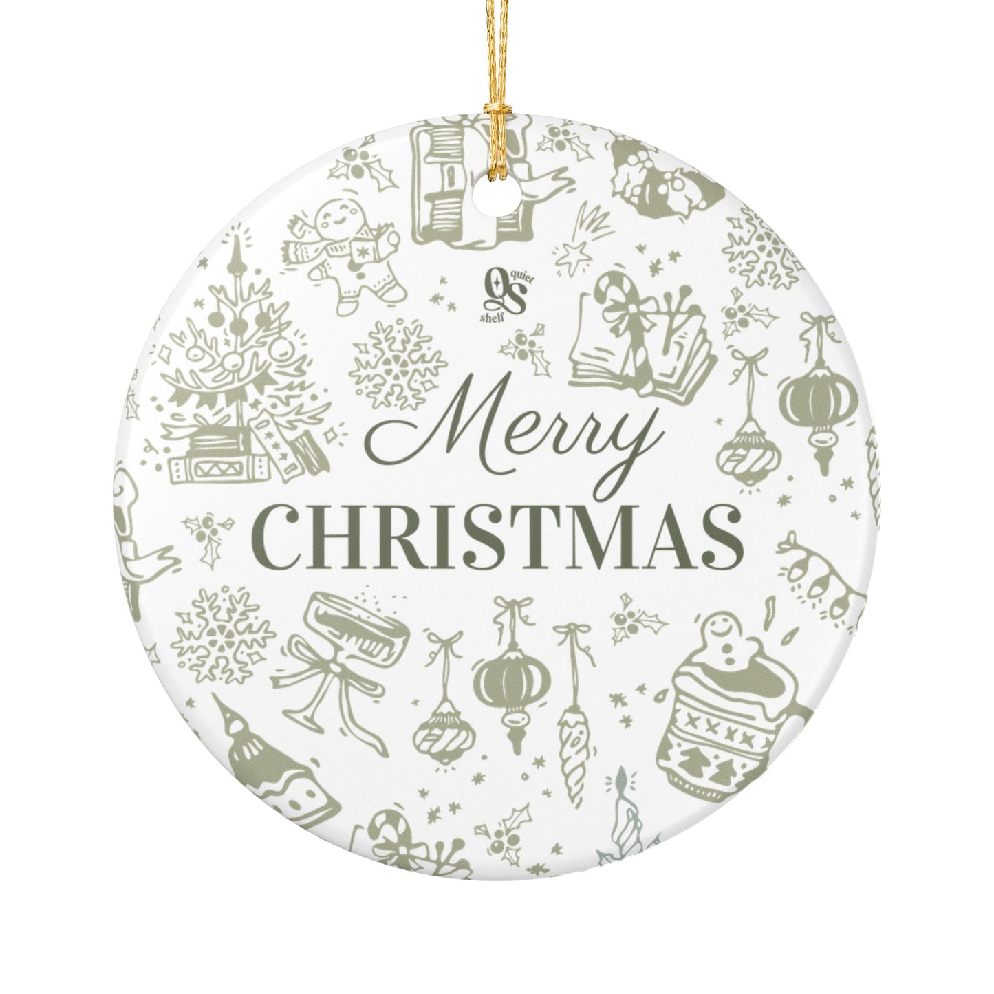 Round Christmas ornament with 'Merry Christmas' text and festive illustrations on a white background